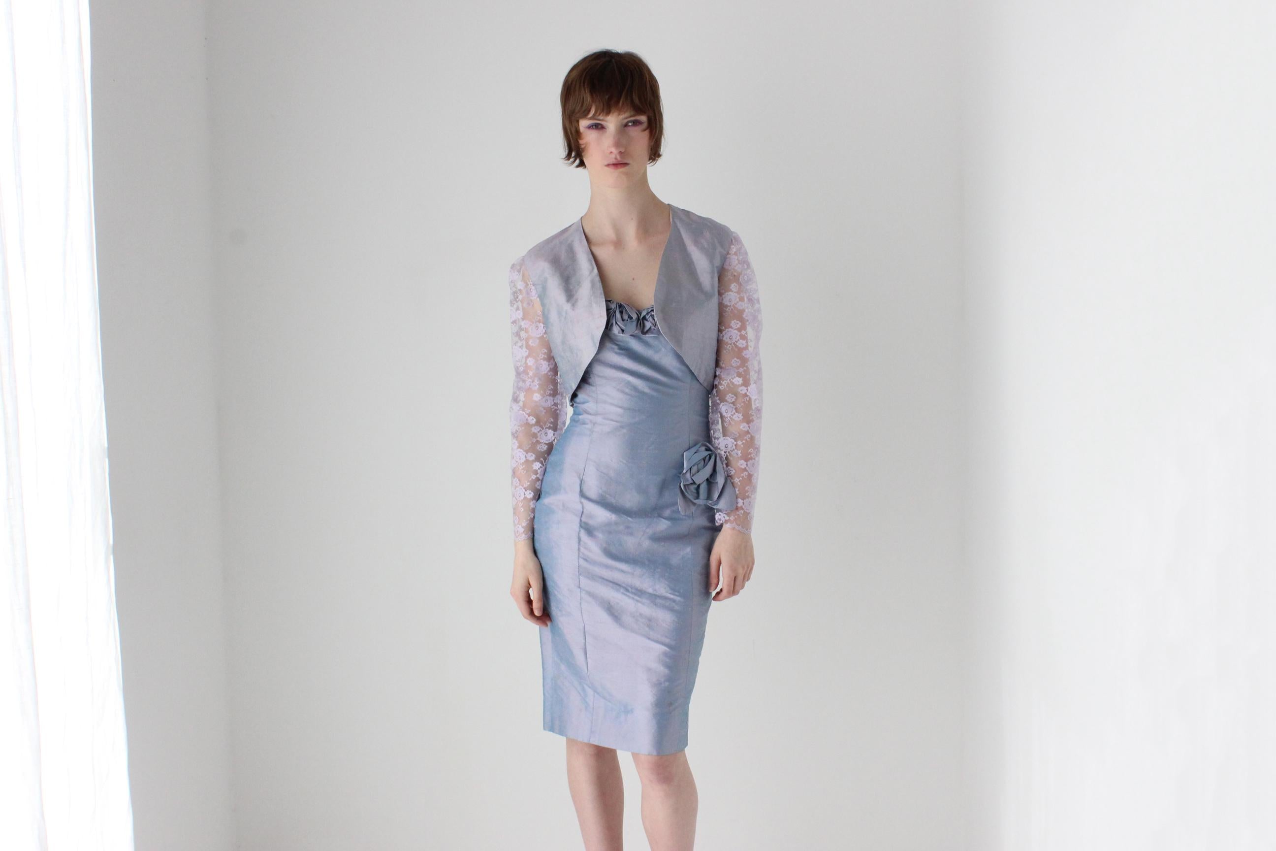 80s Raw Silk Matching Two Piece Rosette Dress & Lace Bolero Set