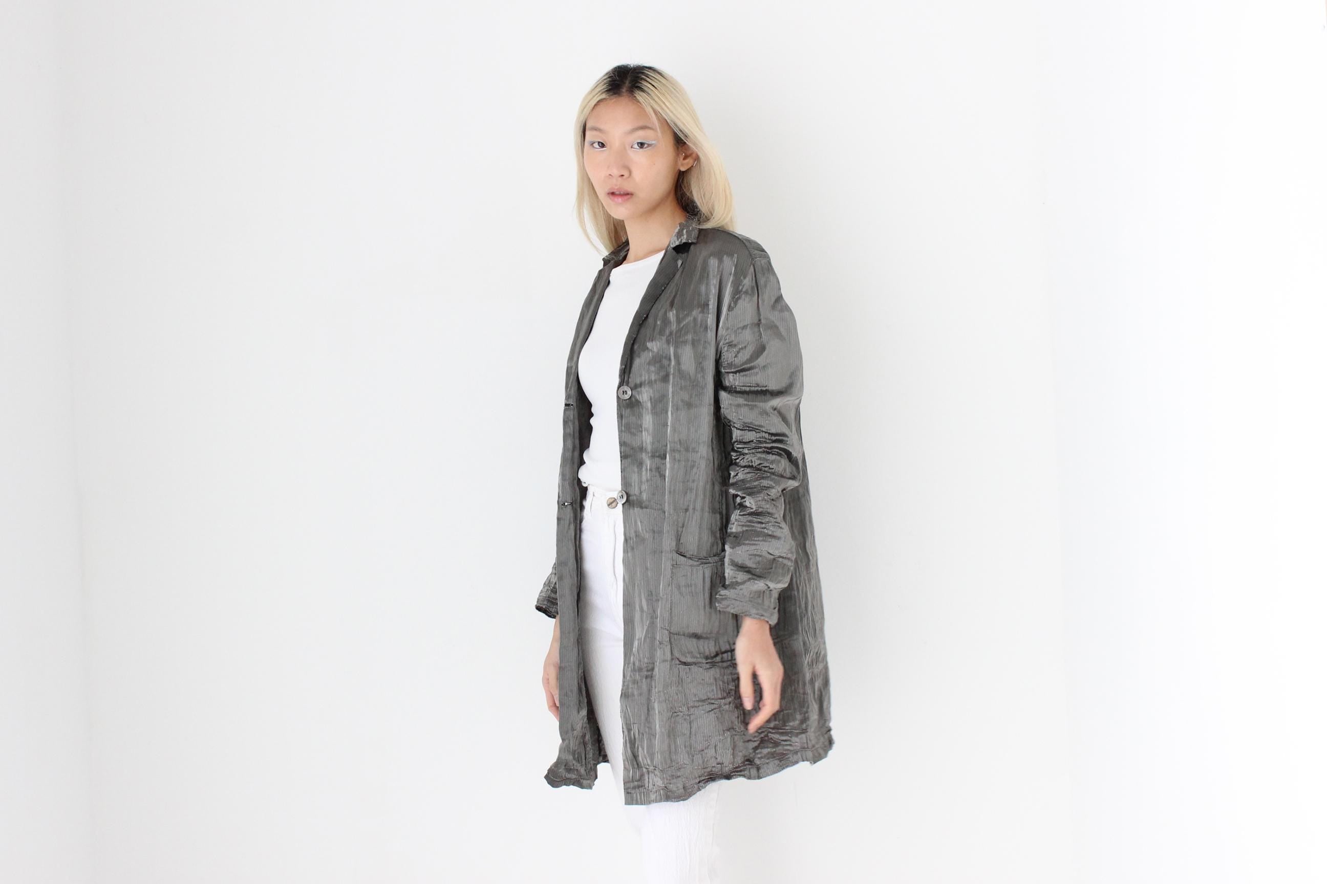 FUTURISM 90s Metallic Silver Lamé Technical Coat