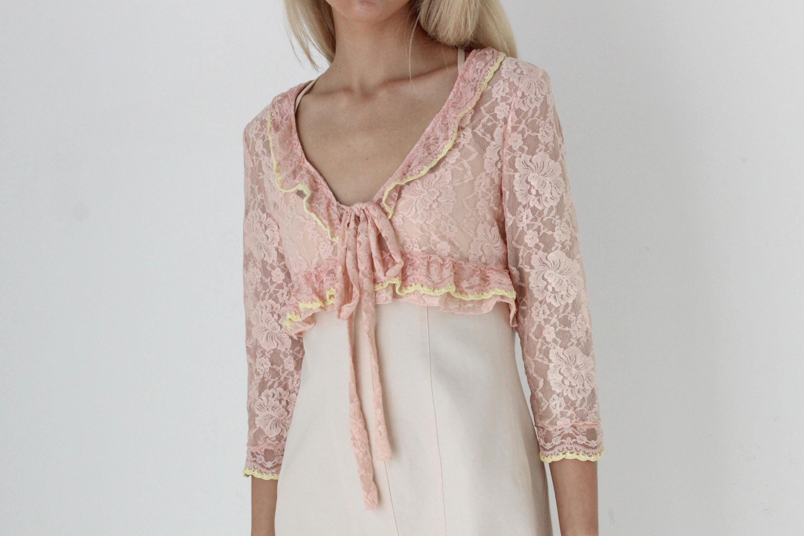 FUTURISM Y2K Pink Lace Fairy Ruffle Tie Front Crop