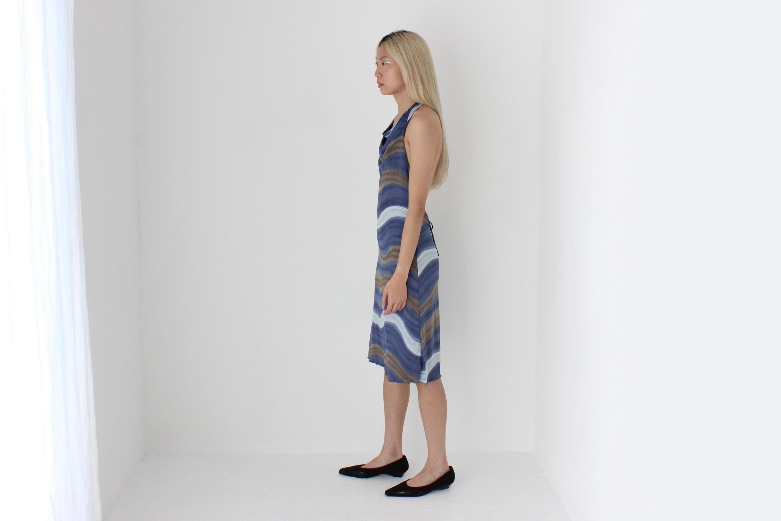 FUTURISM Y2K Slinky Swirly Abstract Halter Dress