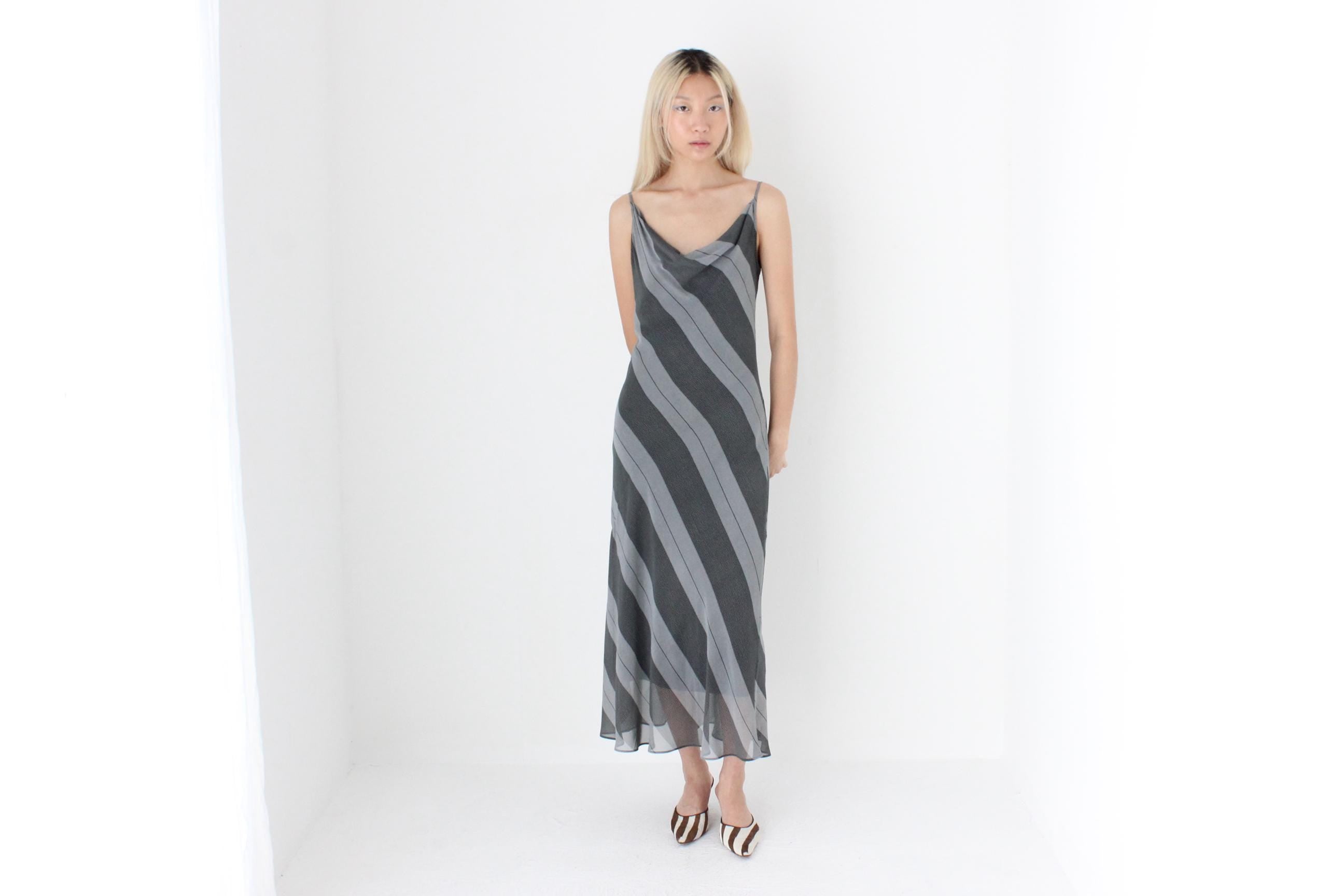 FUTURISM Y2K Monochrome Stripe Bias Cut Slip Dress