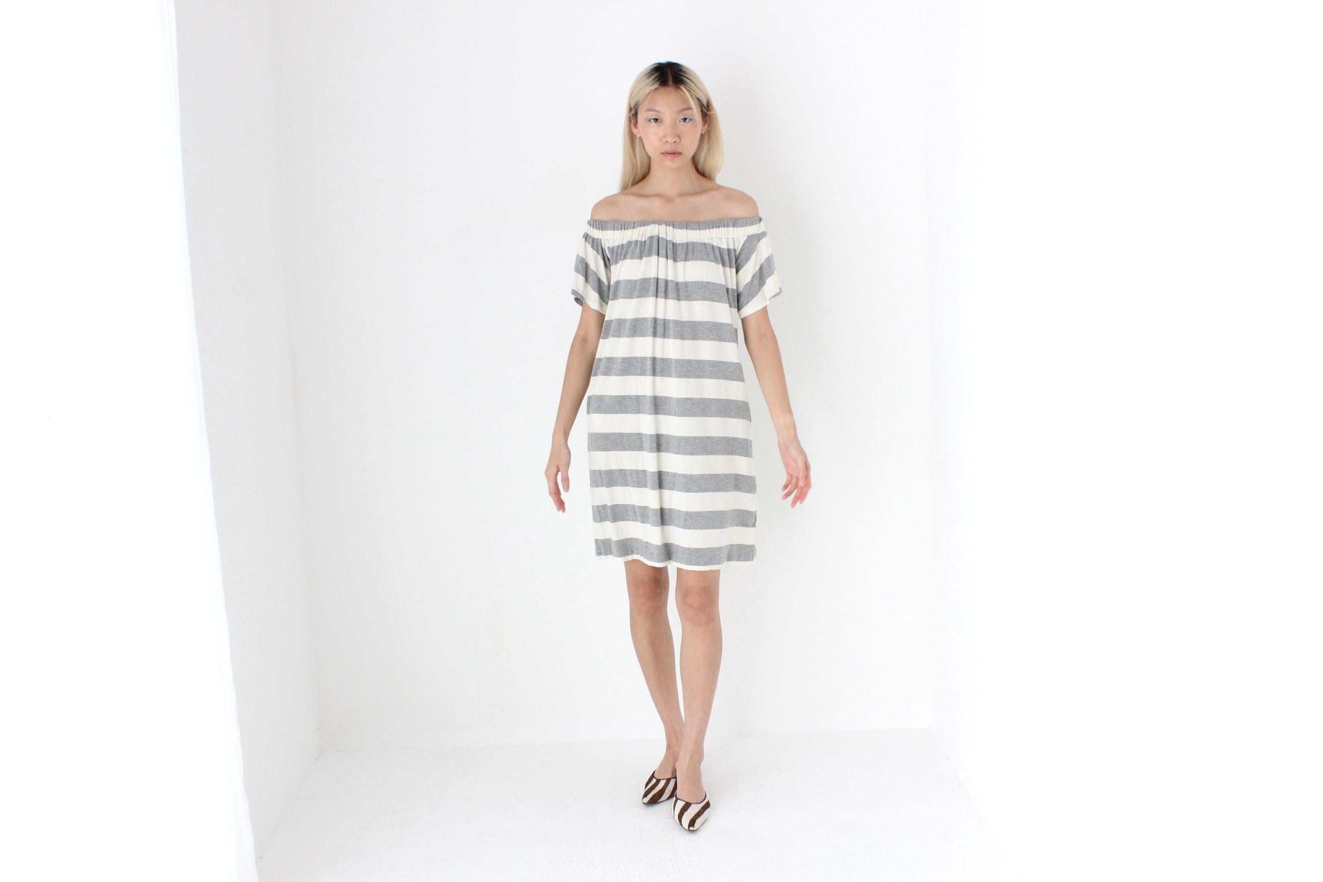 FUTURISM 2000s Bold Stripe Off Shoulder Tee Dress