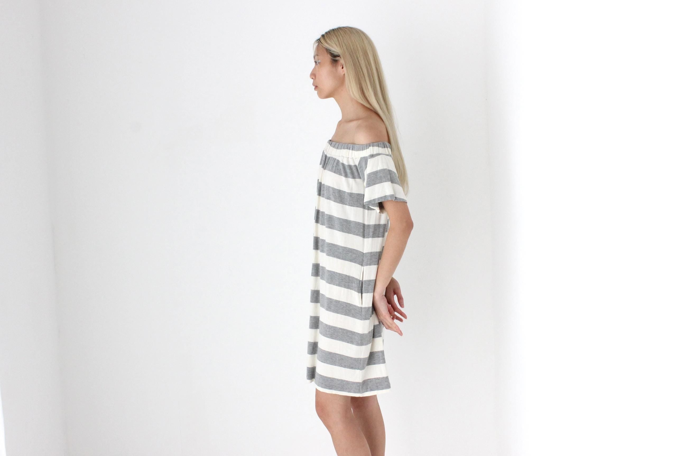 FUTURISM 2000s Bold Stripe Off Shoulder Tee Dress