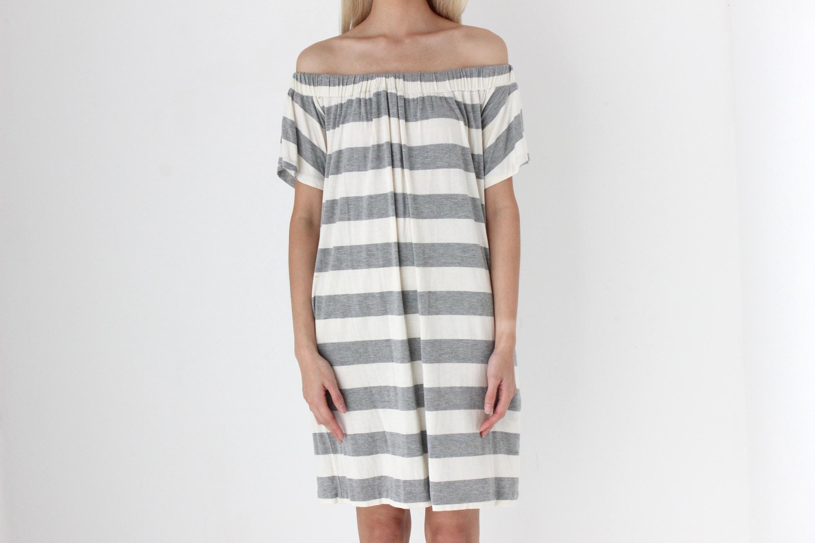 FUTURISM 2000s Bold Stripe Off Shoulder Tee Dress
