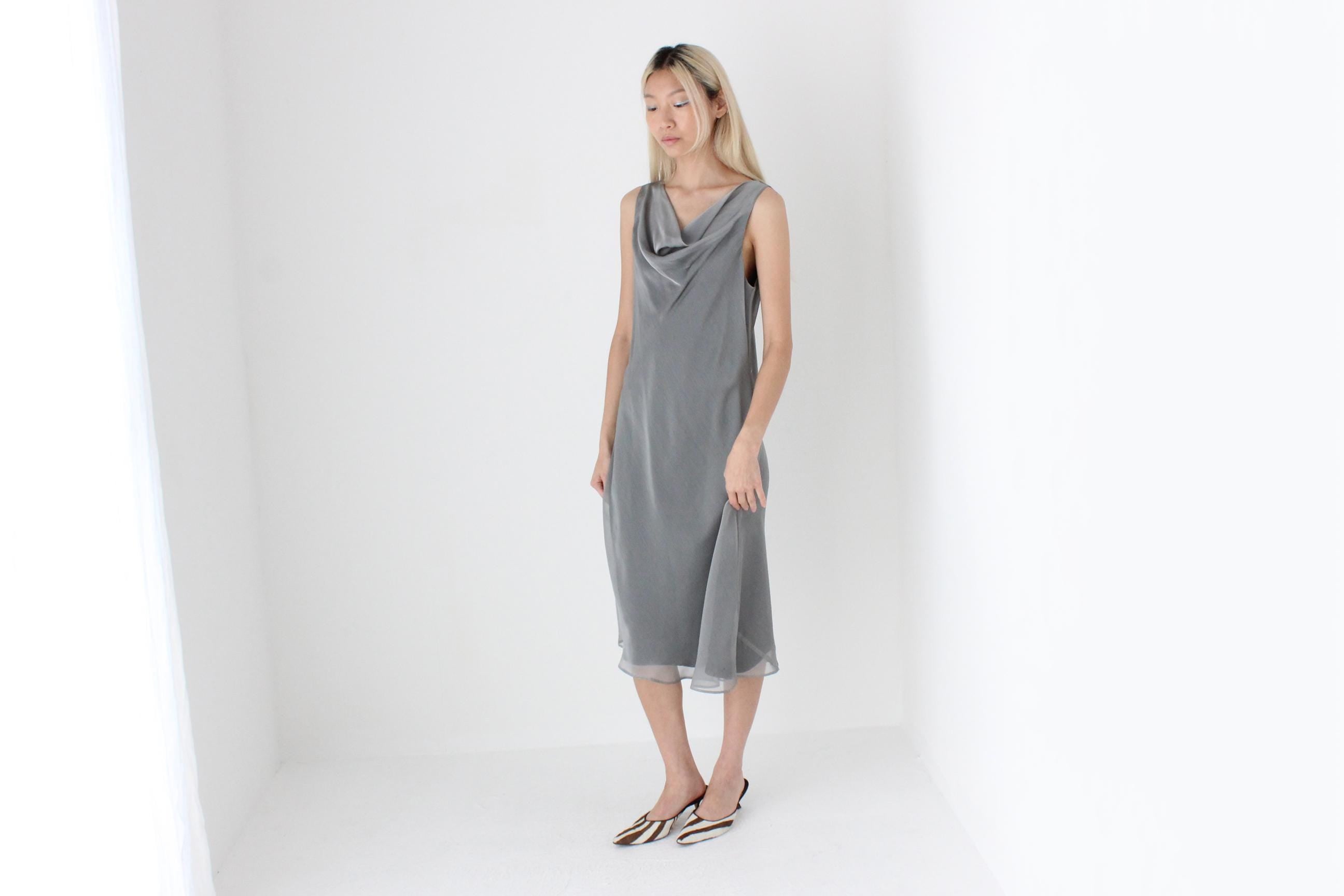 FUTURISM 90s Metallic Gunmetal Draped Bias Dress
