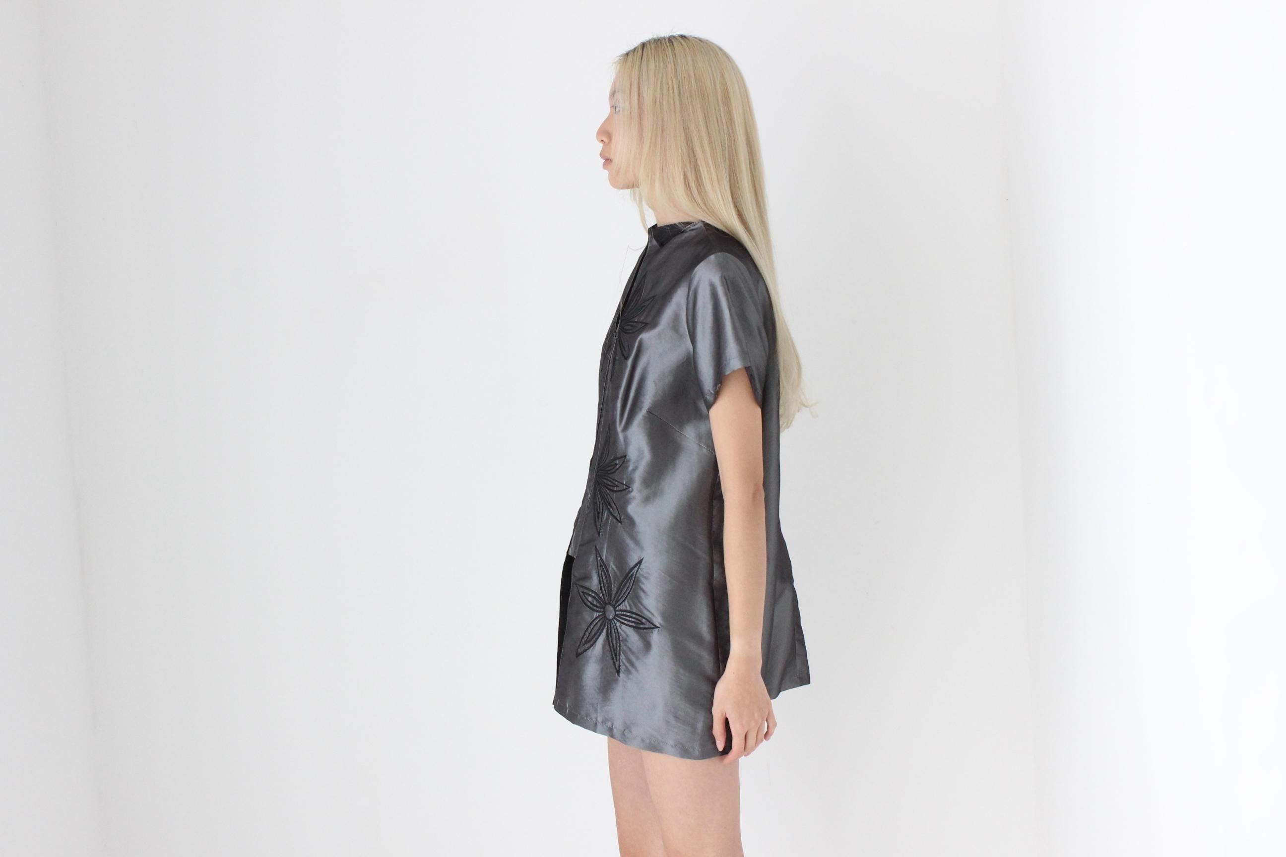 FUTURISM 90s Chrome Metallic Taffeta High Collar Top or Mini