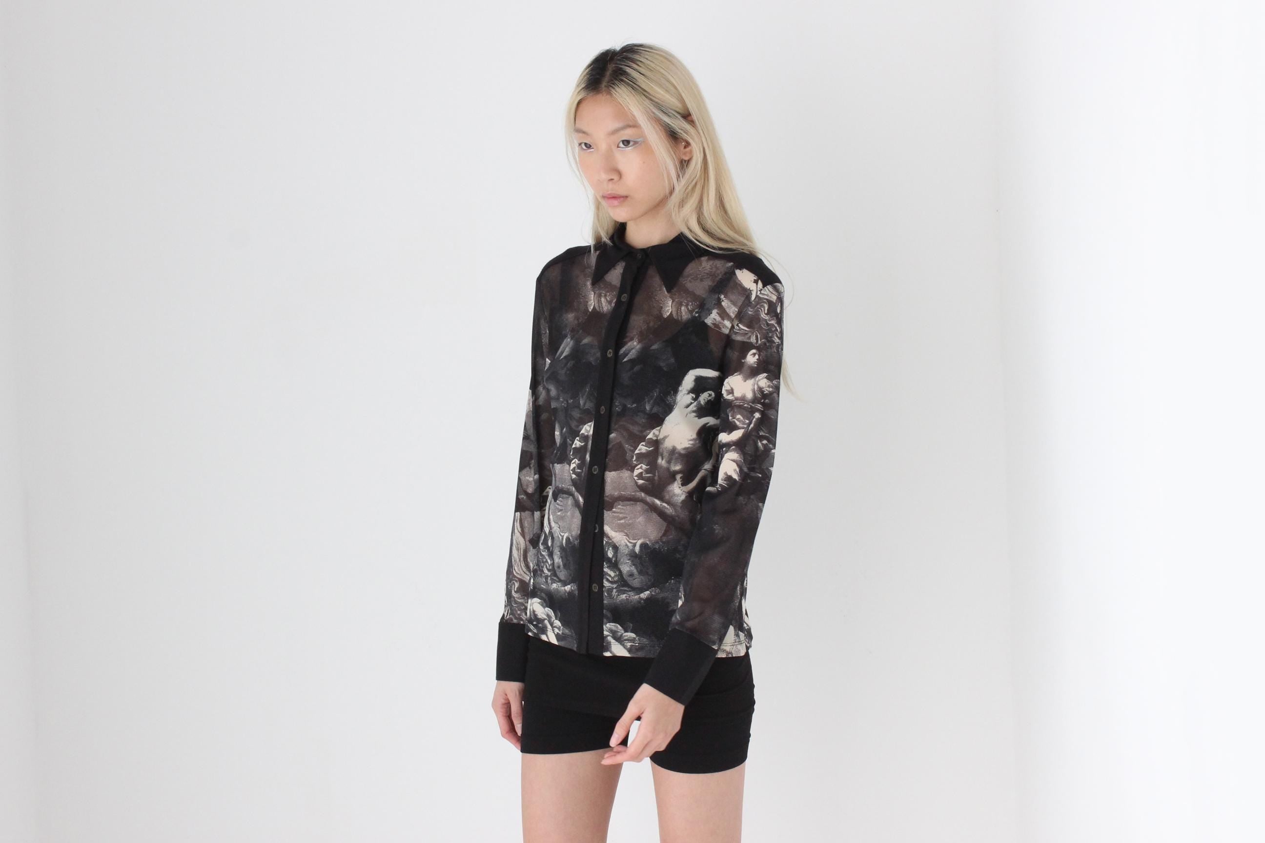 FUTURISM Original 90s Unreal Renaissance Monochromatic Abstract Printed Mesh Button Front Top