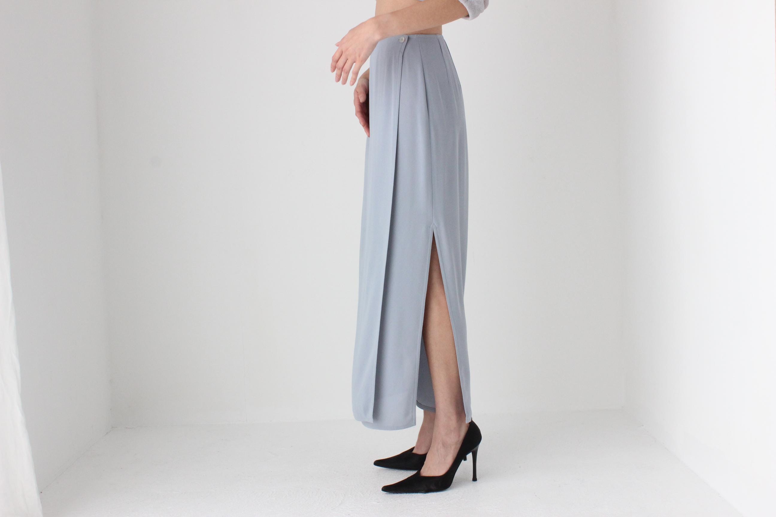FUTURISM 90s Blue Grey Crepe Column Skirt