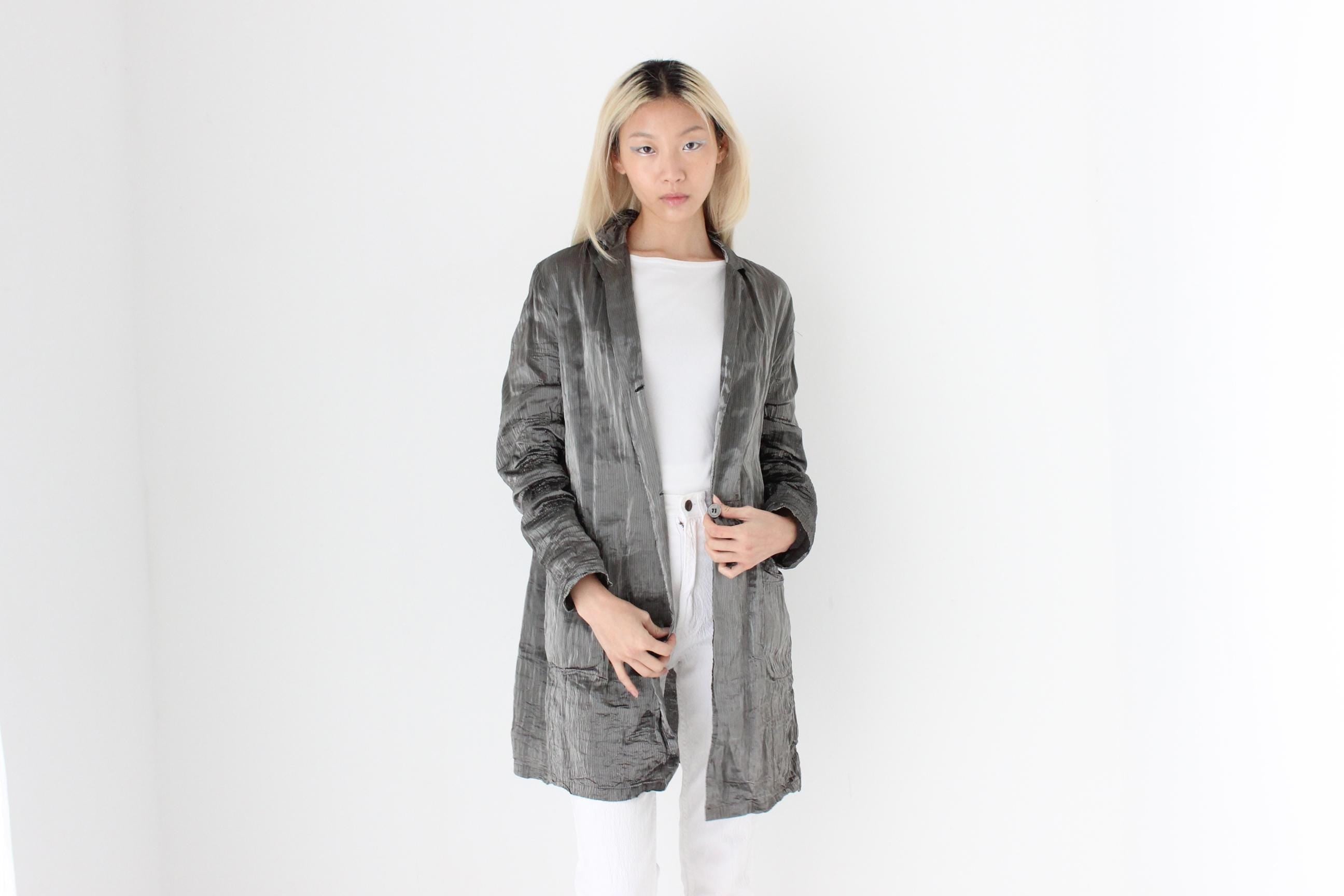 FUTURISM 90s Metallic Silver Lamé Technical Coat