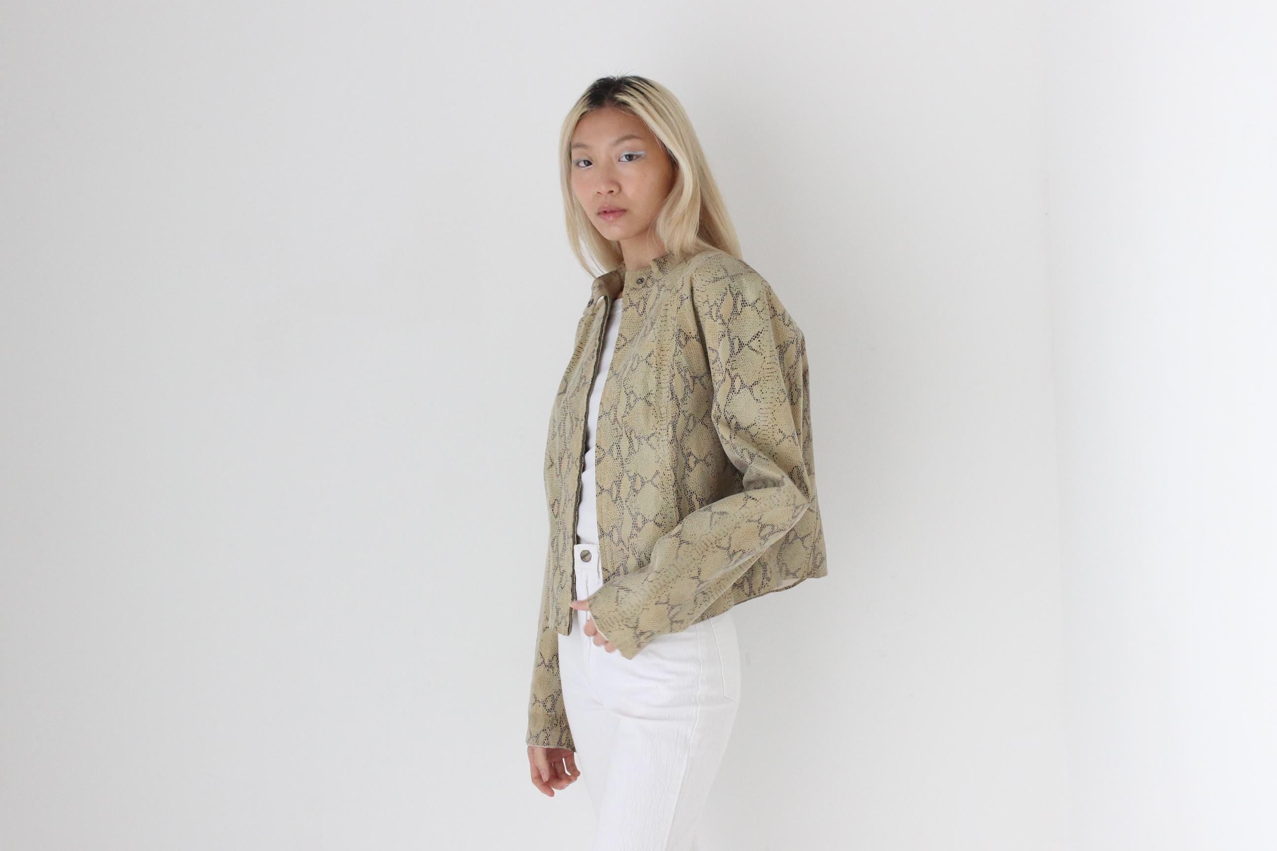 FUTURISM 90s Genuine Leather Moto Jacket w/ Snakeskin Finish