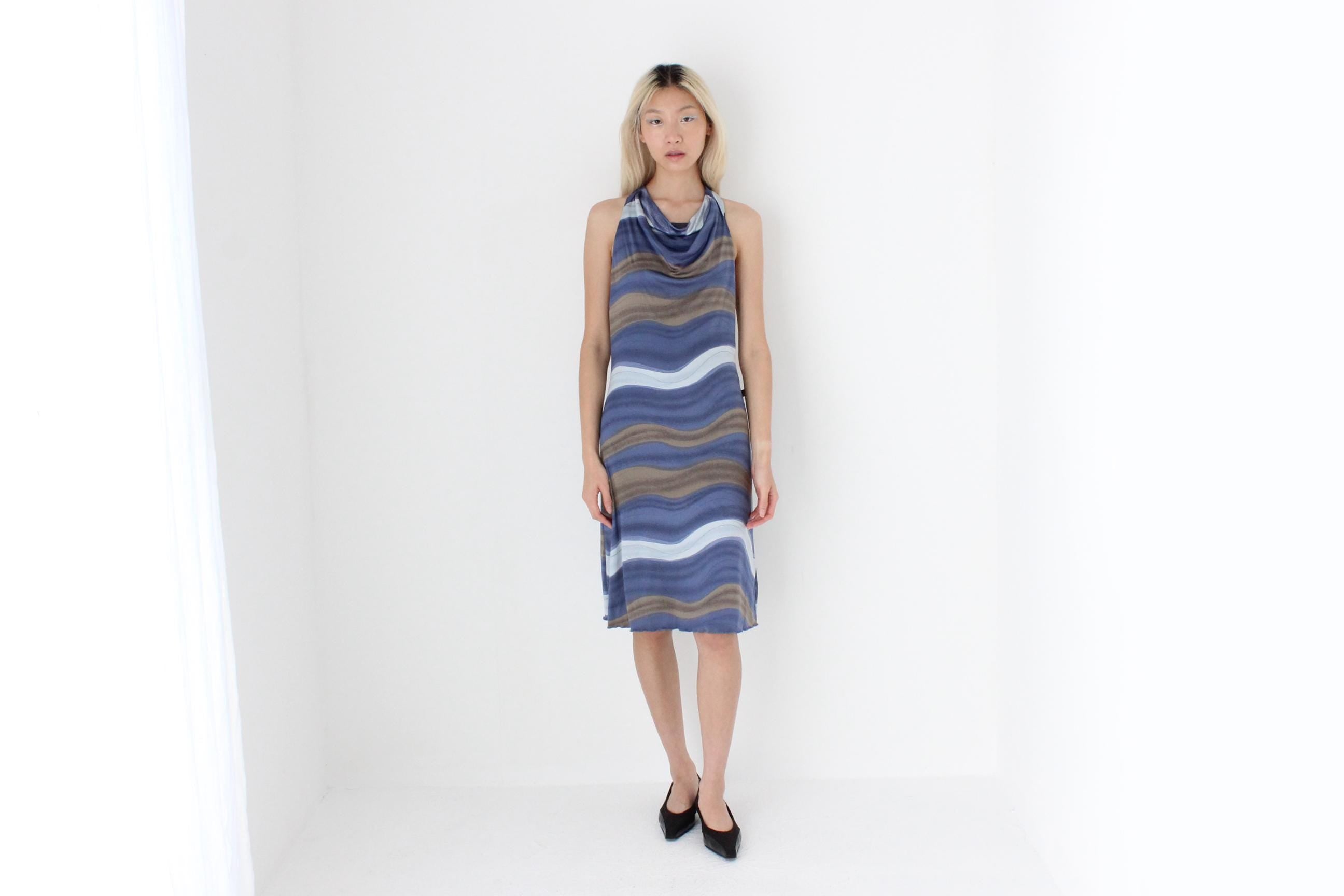FUTURISM Y2K Slinky Swirly Abstract Halter Dress