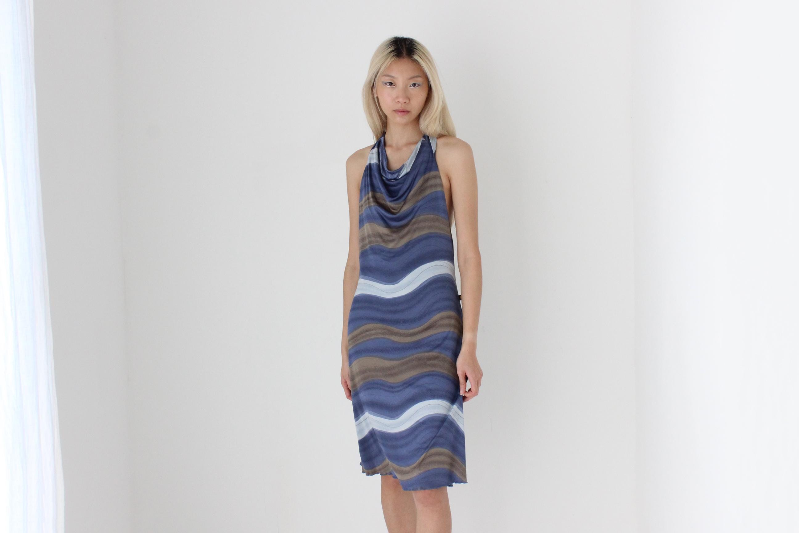 FUTURISM Y2K Slinky Swirly Abstract Halter Dress