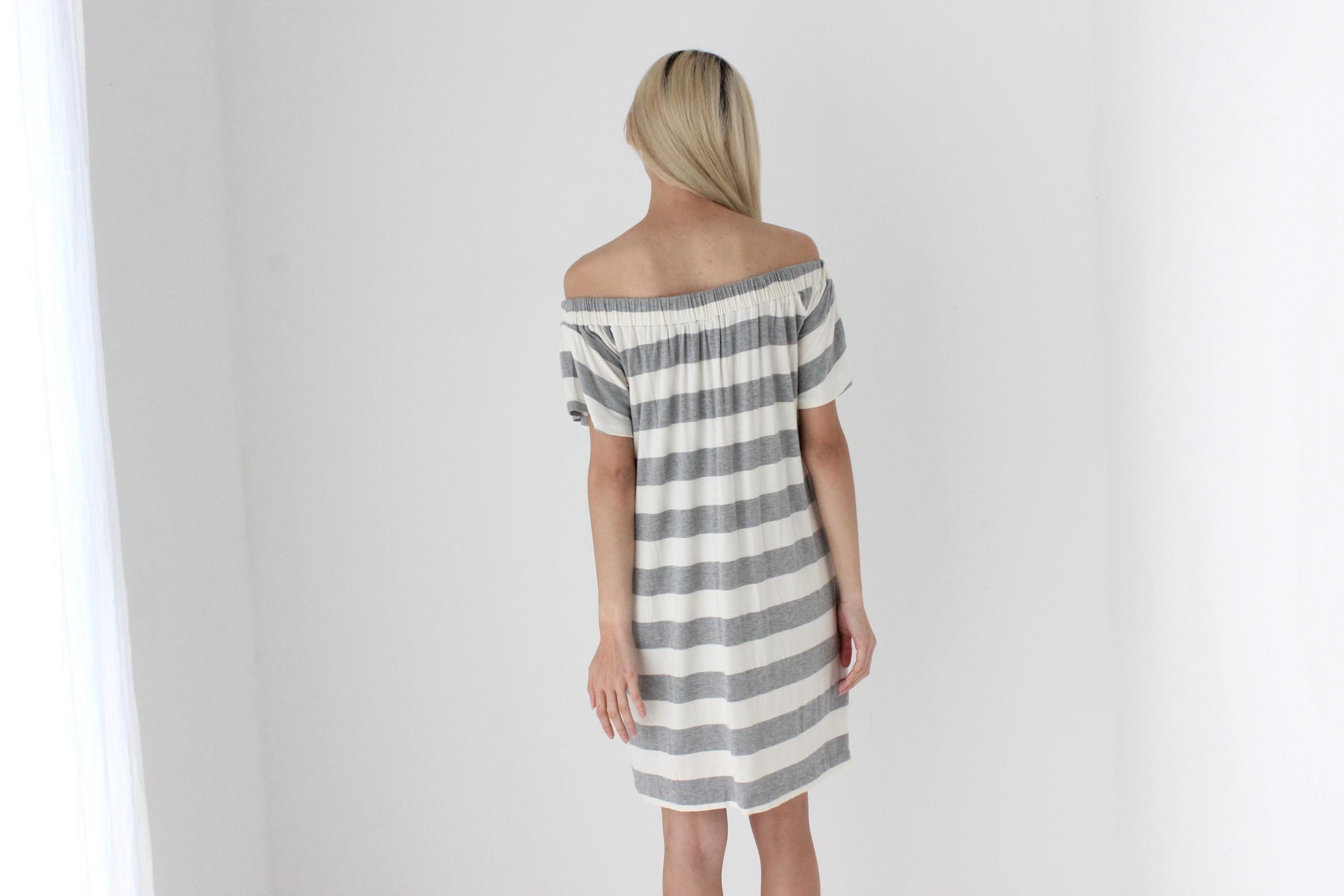 FUTURISM 2000s Bold Stripe Off Shoulder Tee Dress