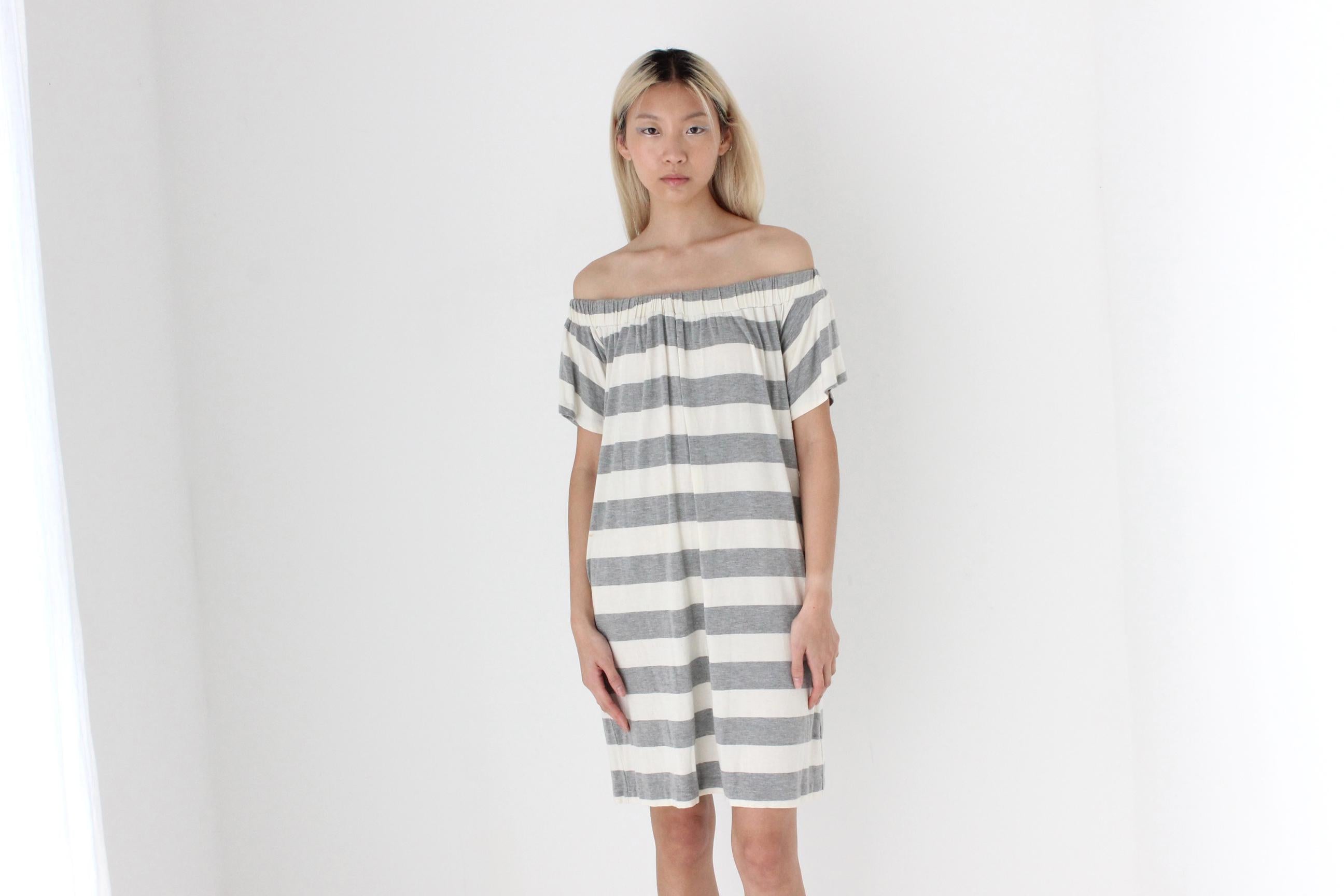 FUTURISM 2000s Bold Stripe Off Shoulder Tee Dress