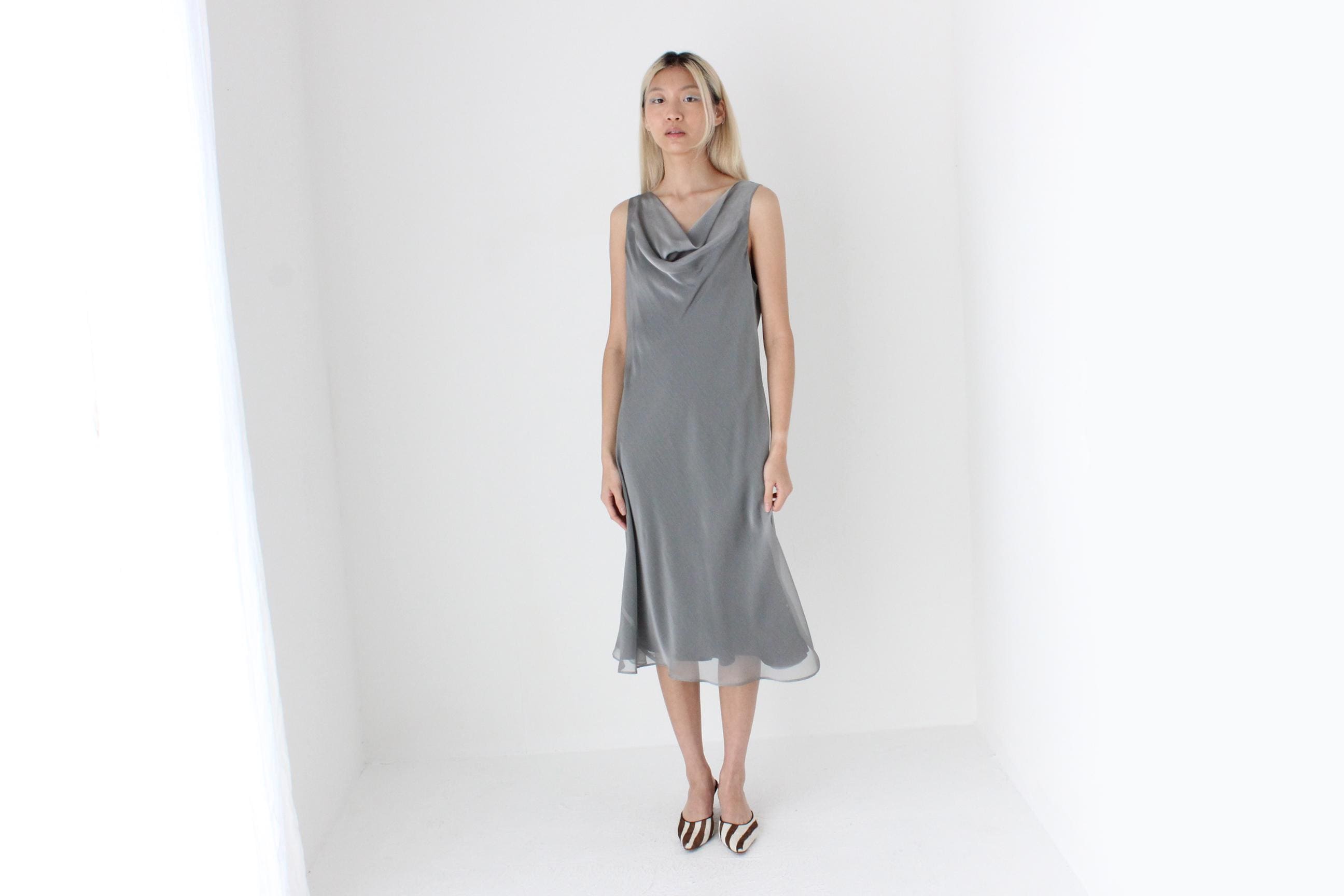 FUTURISM 90s Metallic Gunmetal Draped Bias Dress