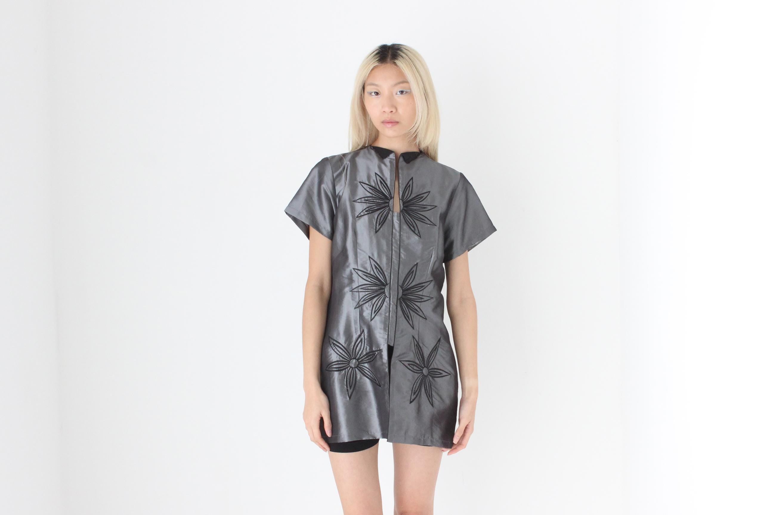 FUTURISM 90s Chrome Metallic Taffeta High Collar Top or Mini