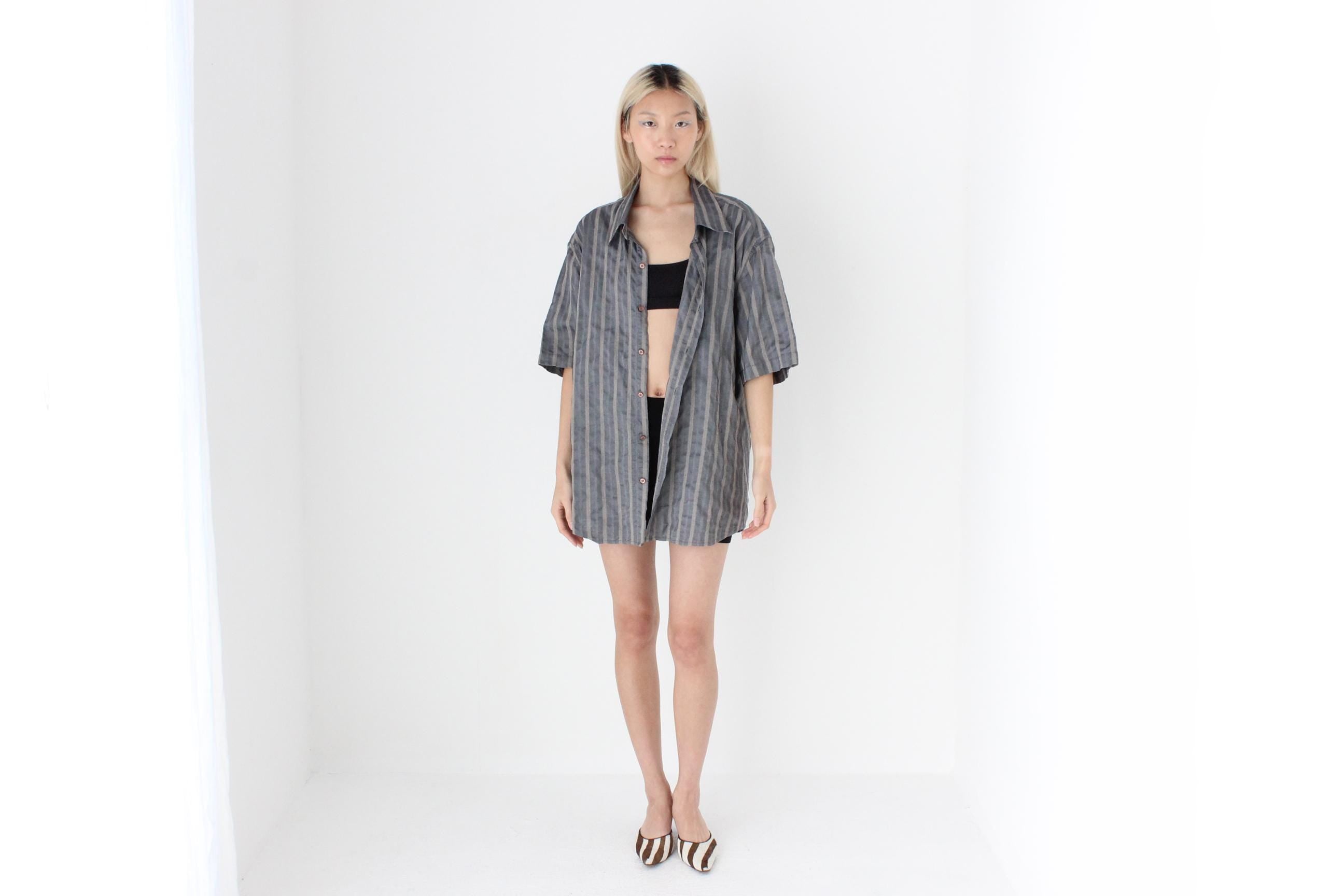 FUTURISM 90s Metallic Boxy Stripe Button Up