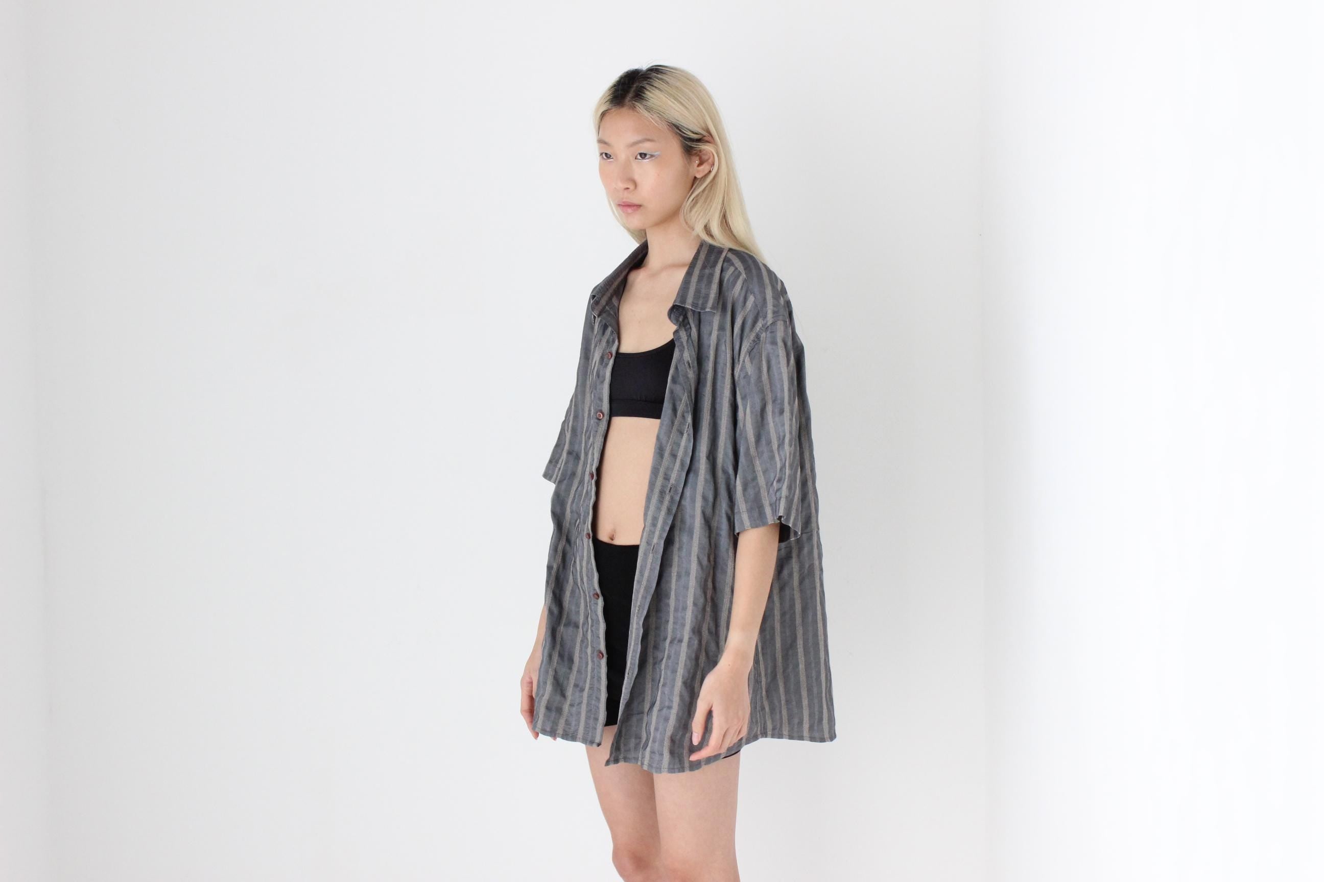 FUTURISM 90s Metallic Boxy Stripe Button Up
