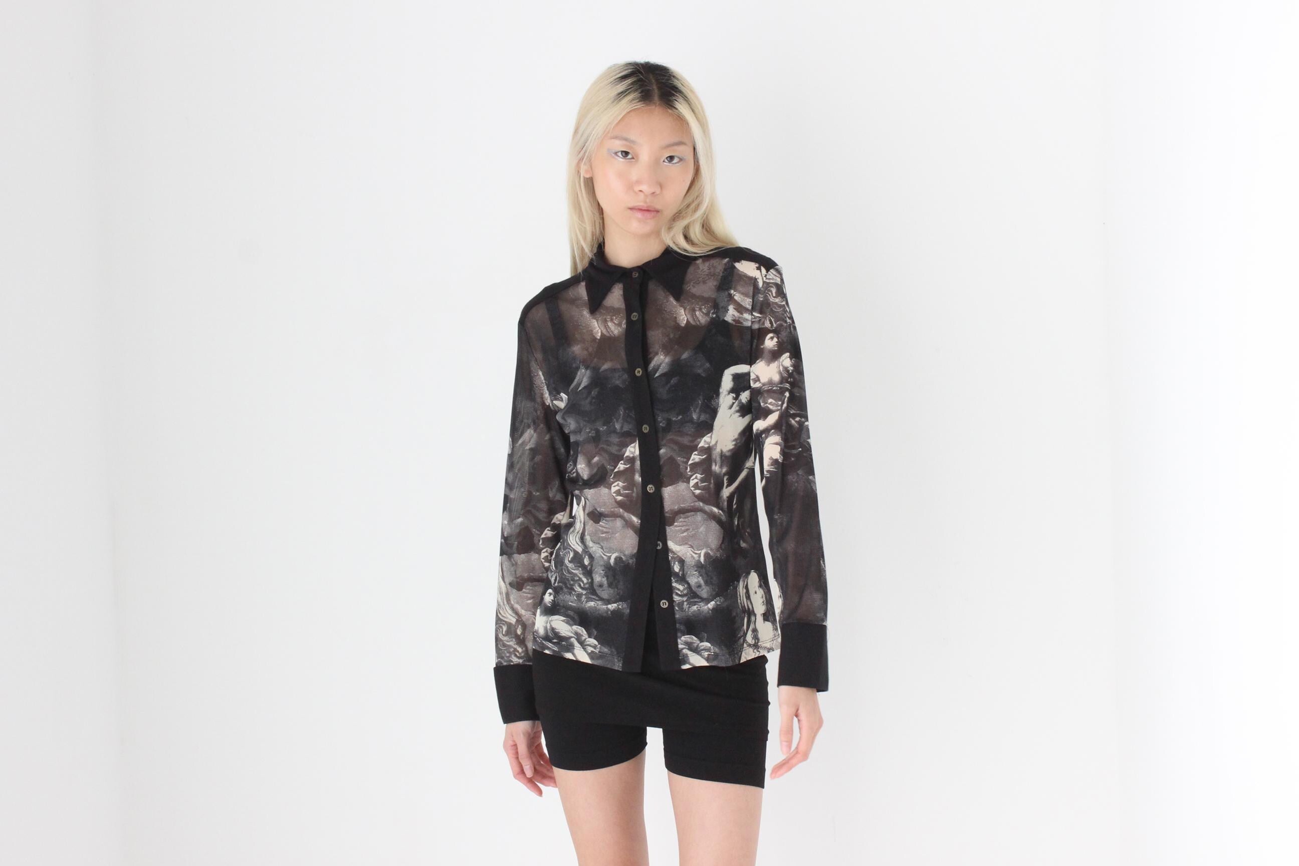 FUTURISM Original 90s Unreal Renaissance Monochromatic Abstract Printed Mesh Button Front Top