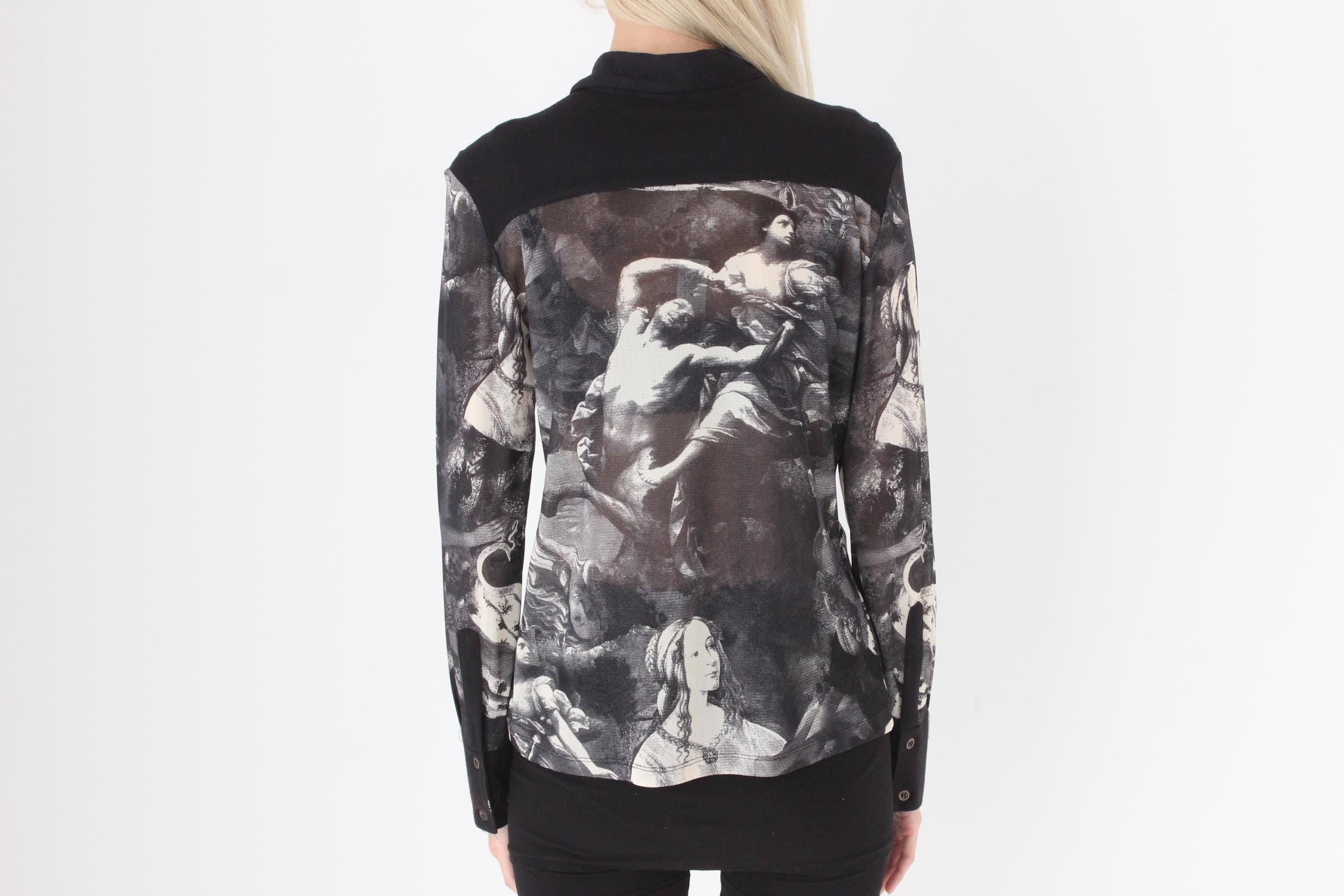 FUTURISM Original 90s Unreal Renaissance Monochromatic Abstract Printed Mesh Button Front Top