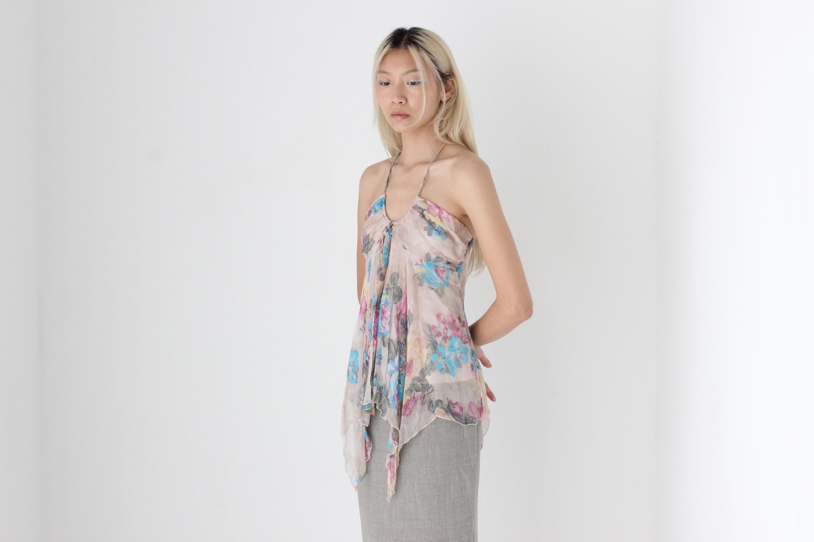 FUTURISM Y2K Pure Silk Floral Georgette Halter Top