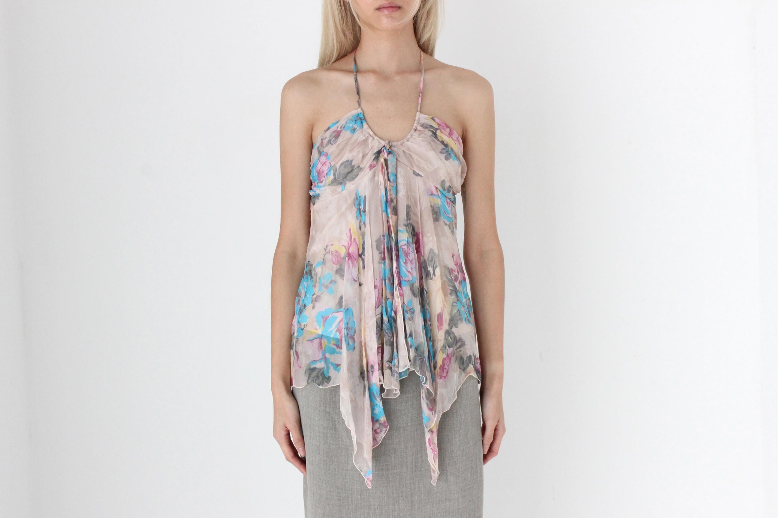 FUTURISM Y2K Pure Silk Floral Georgette Halter Top