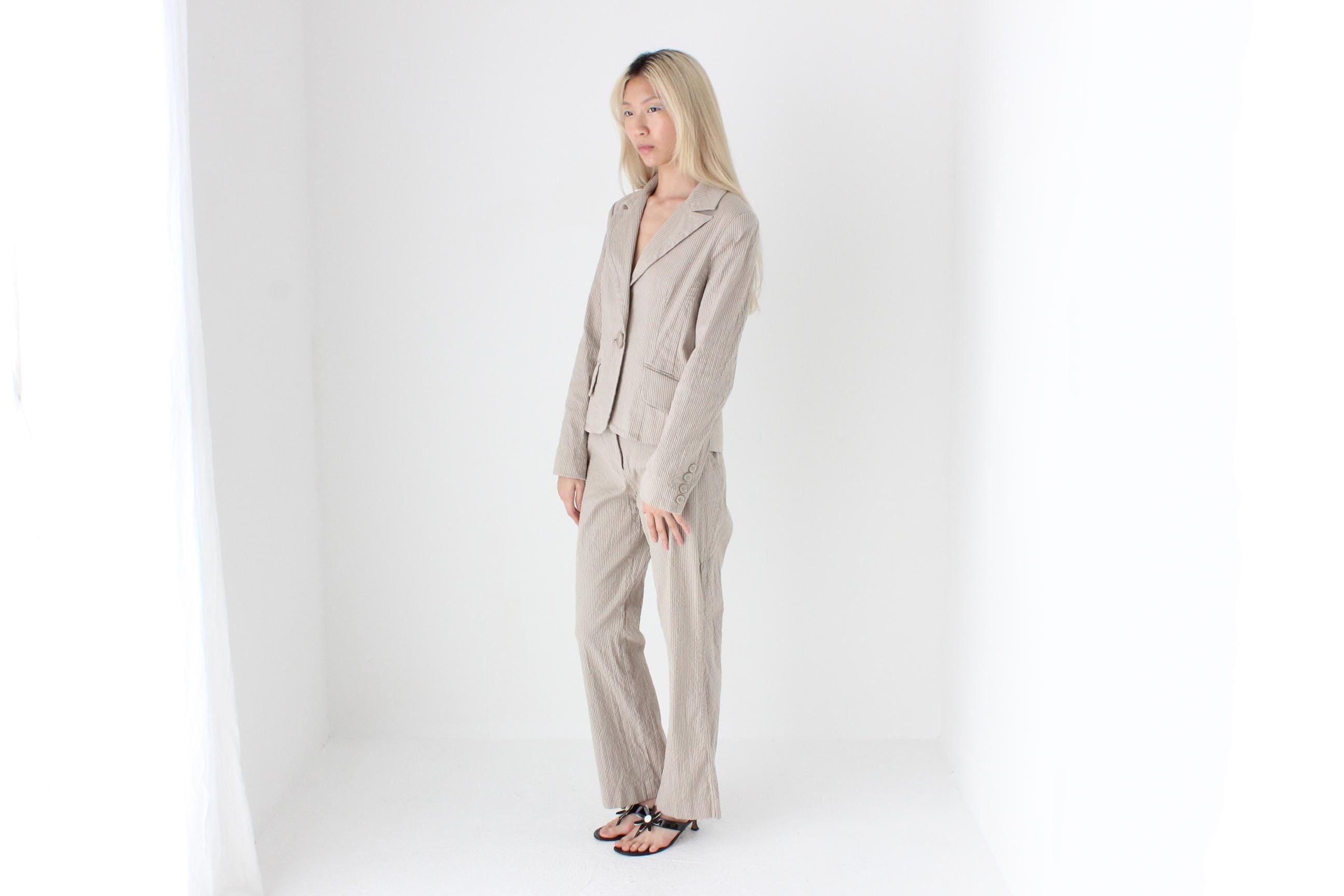 FUTURISM 90s Neutral Beige Ribbed Texture Two Piece Pant Suit