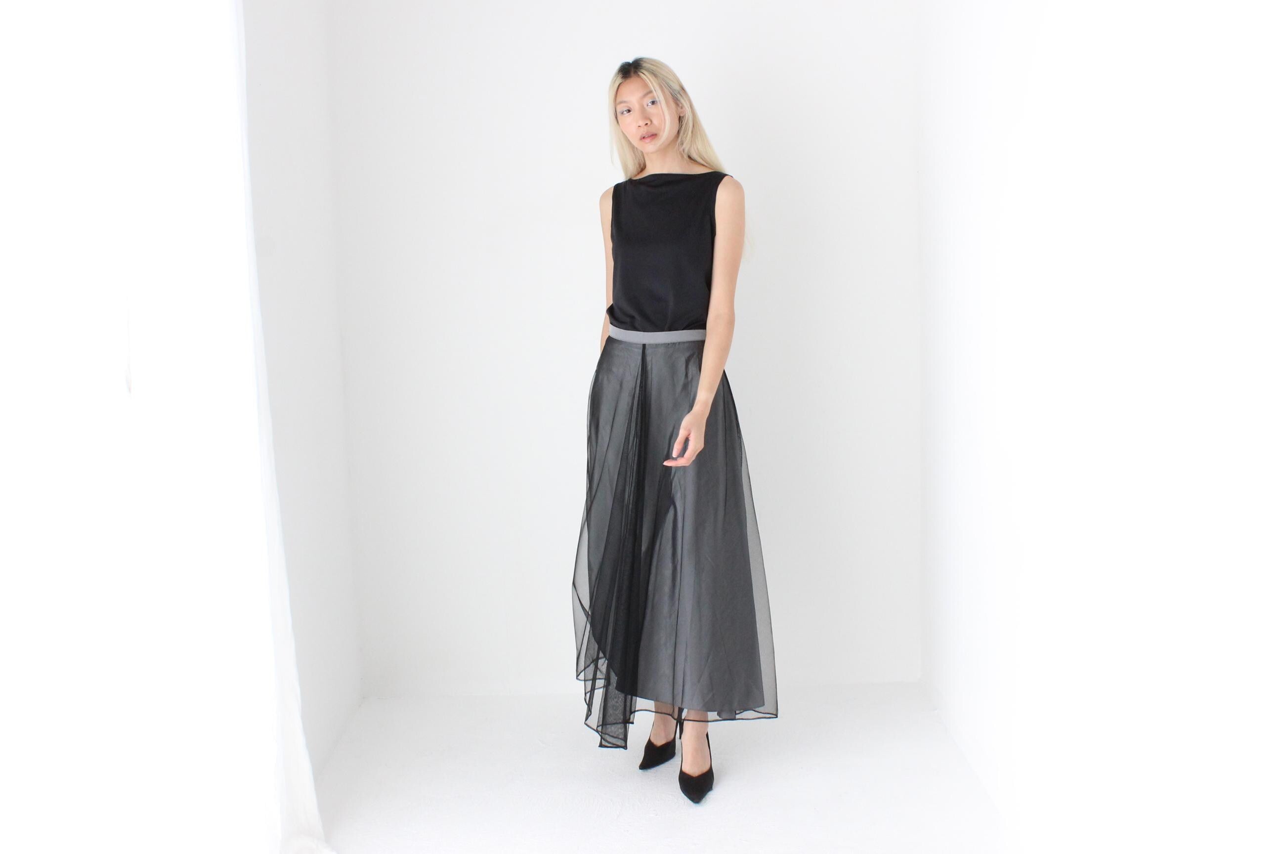 FUTURISM 90s Silver Taffeta & Black Tulle Maxi Skirt