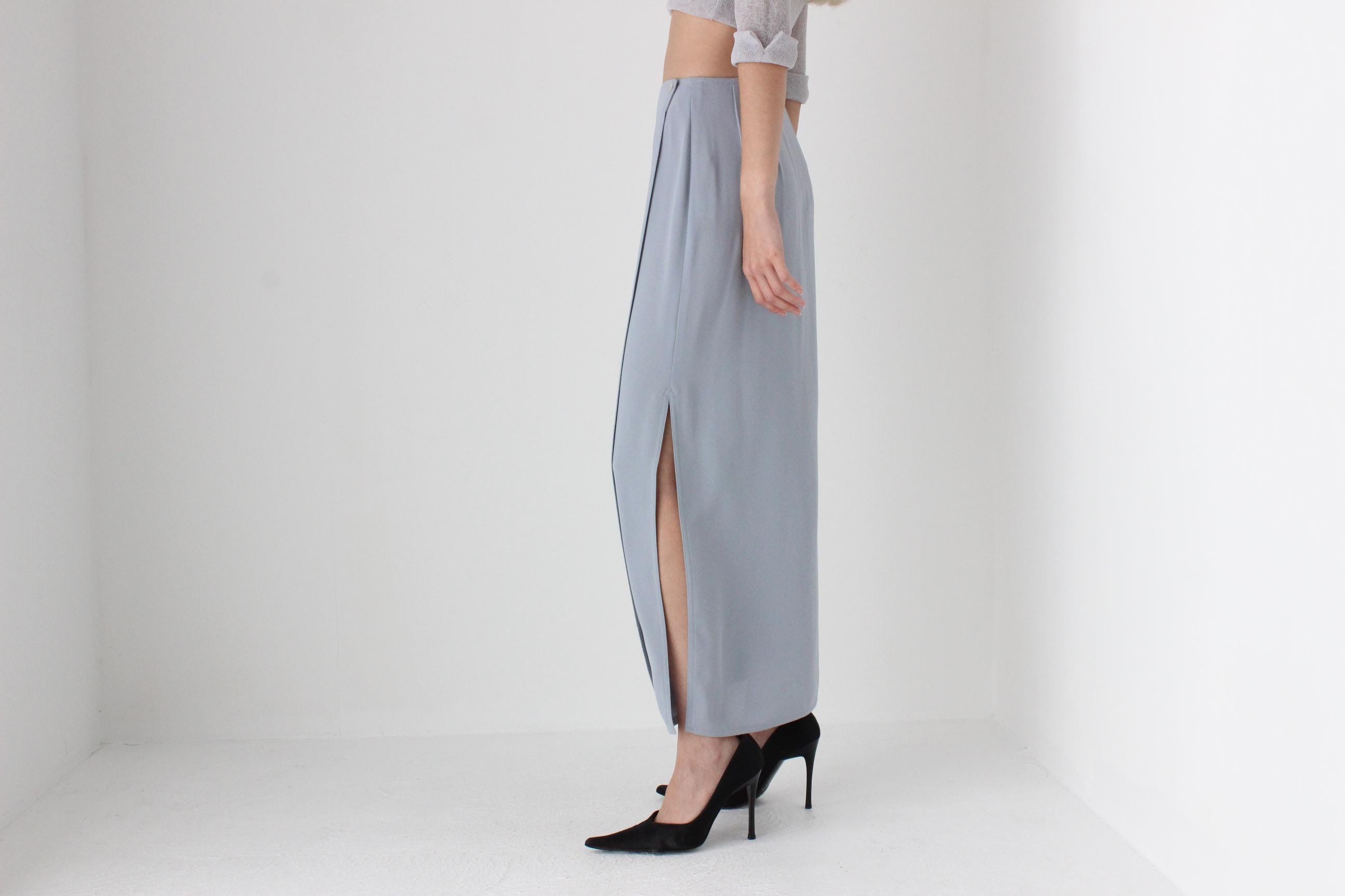 FUTURISM 90s Blue Grey Crepe Column Skirt