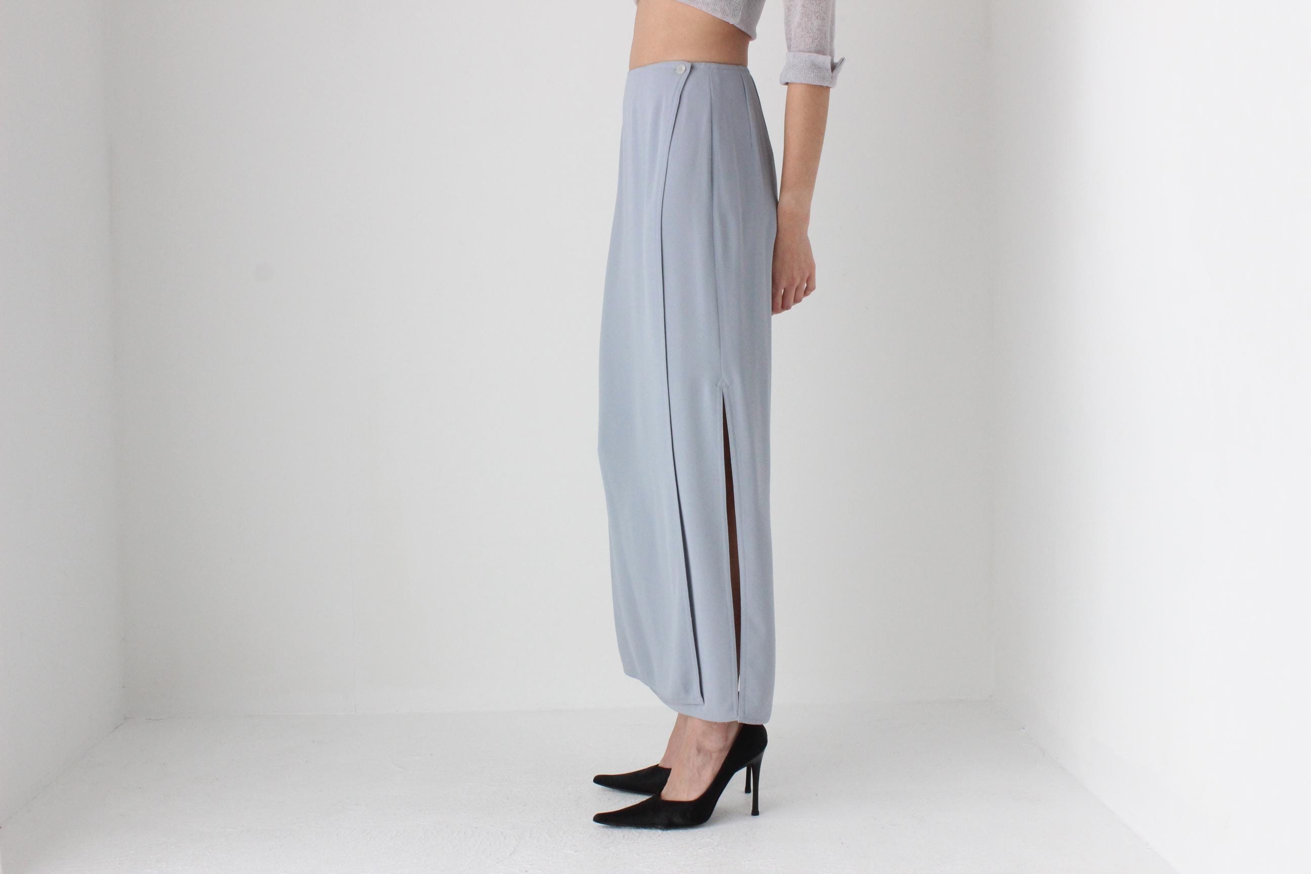 FUTURISM 90s Blue Grey Crepe Column Skirt