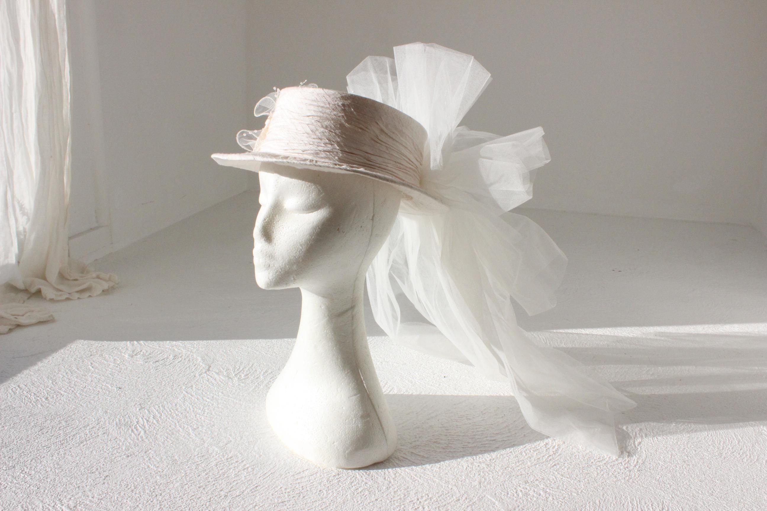 80s Silk Bridal Hat w/ Tulle Veil by Cupid's Millinery
