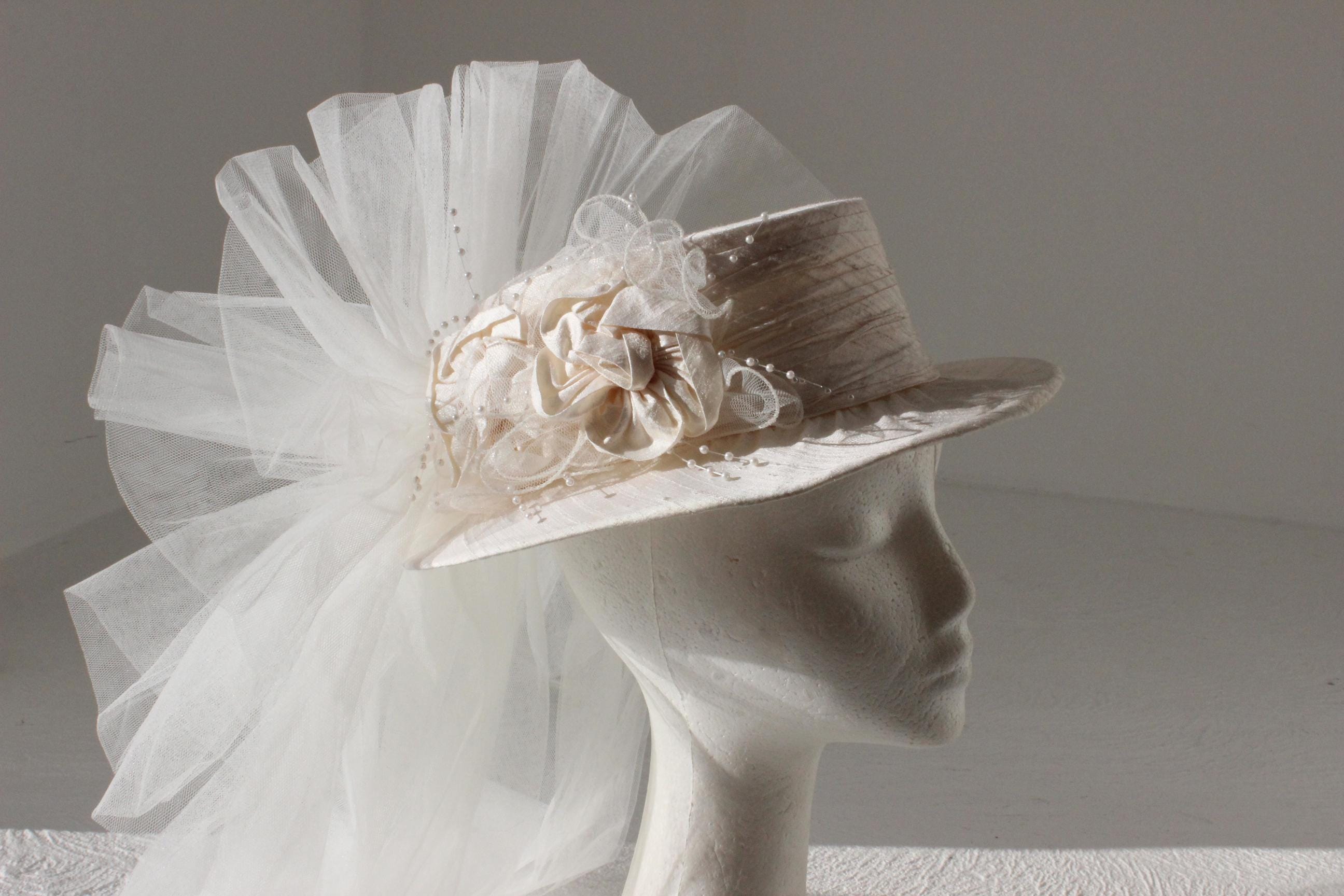 80s Silk Bridal Hat w/ Tulle Veil by Cupid's Millinery