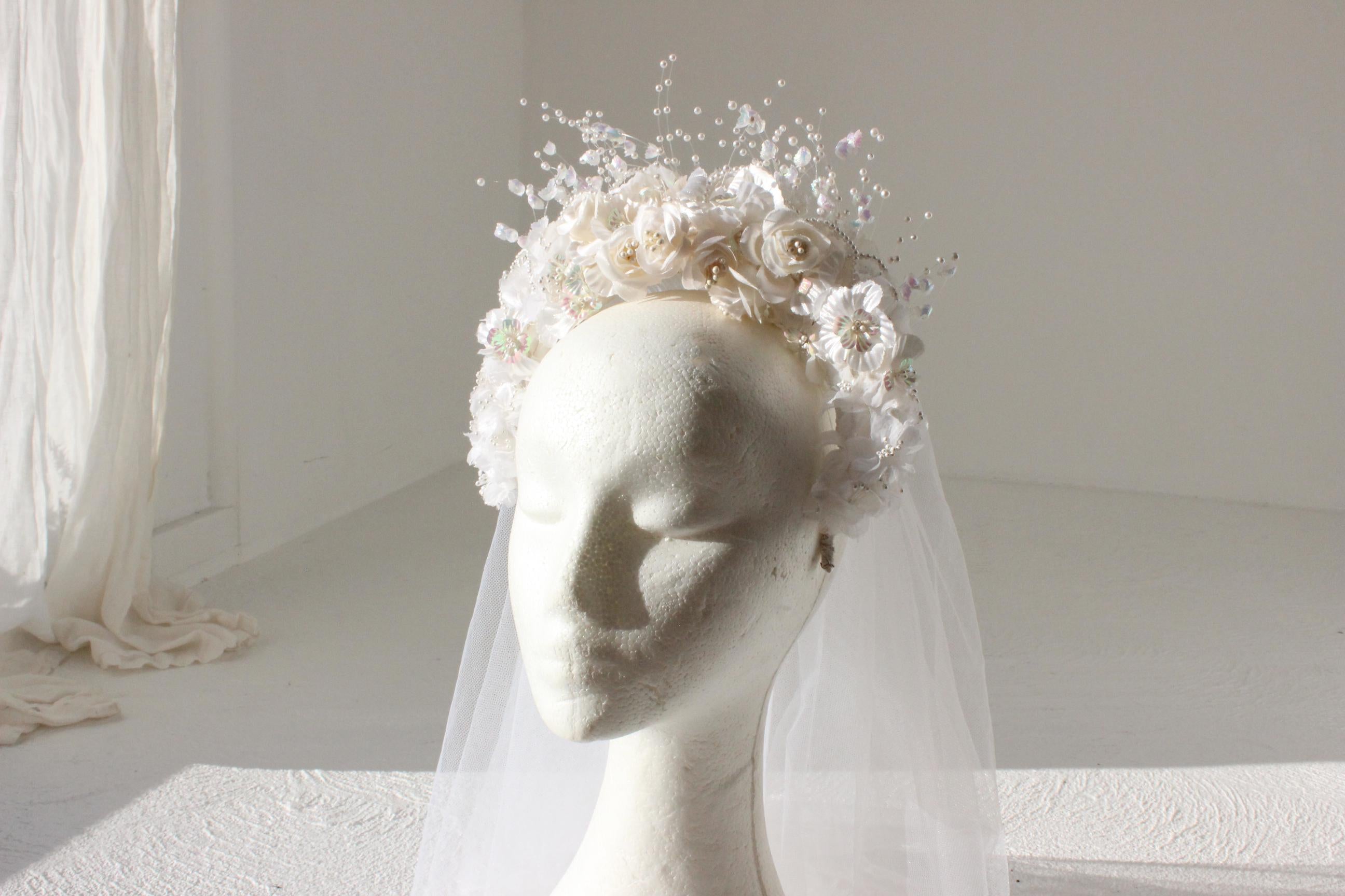 80s Bridal Crown w/ Trailing Tulle Veil