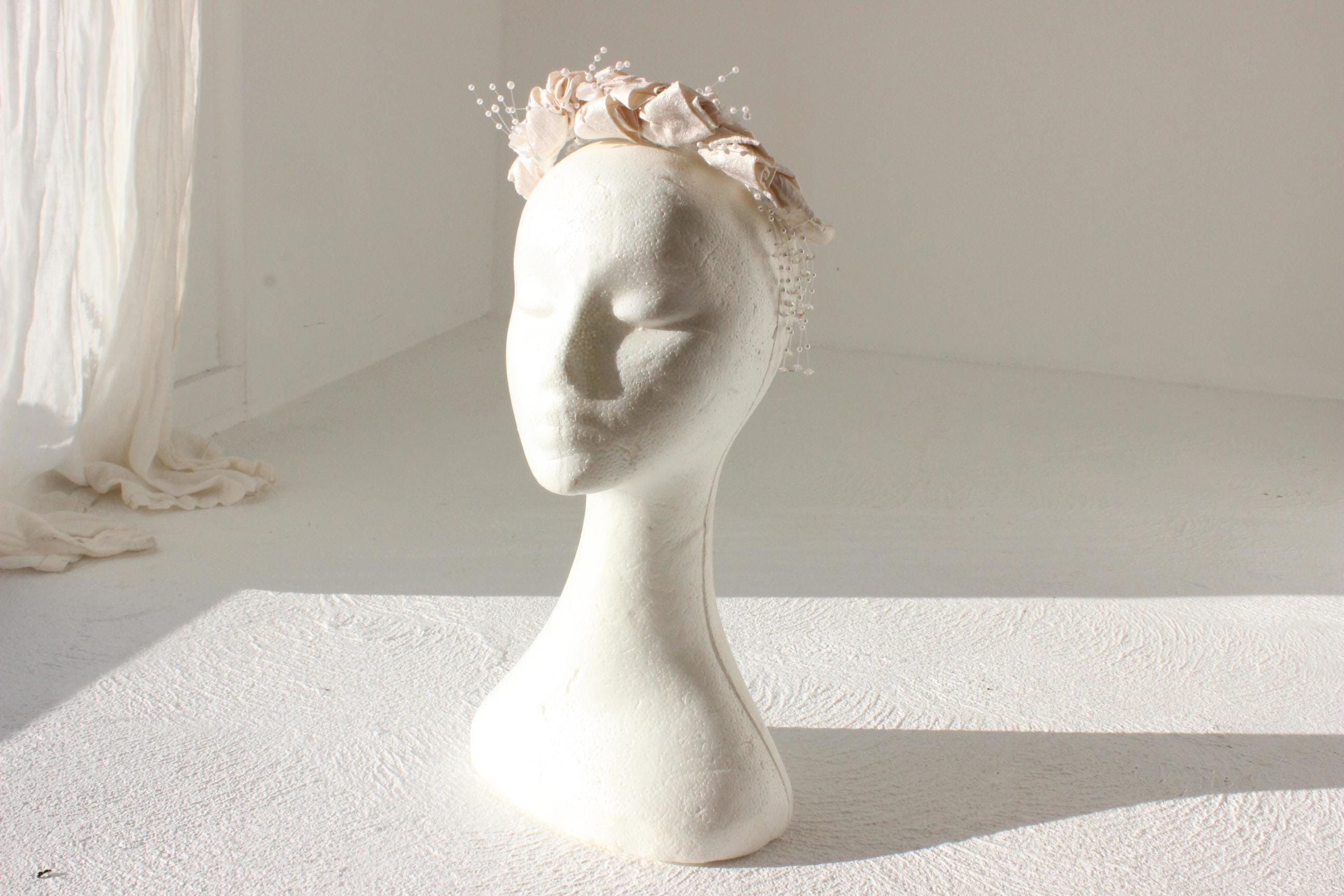 80s Raw Silk Rosette & Pearl Crown