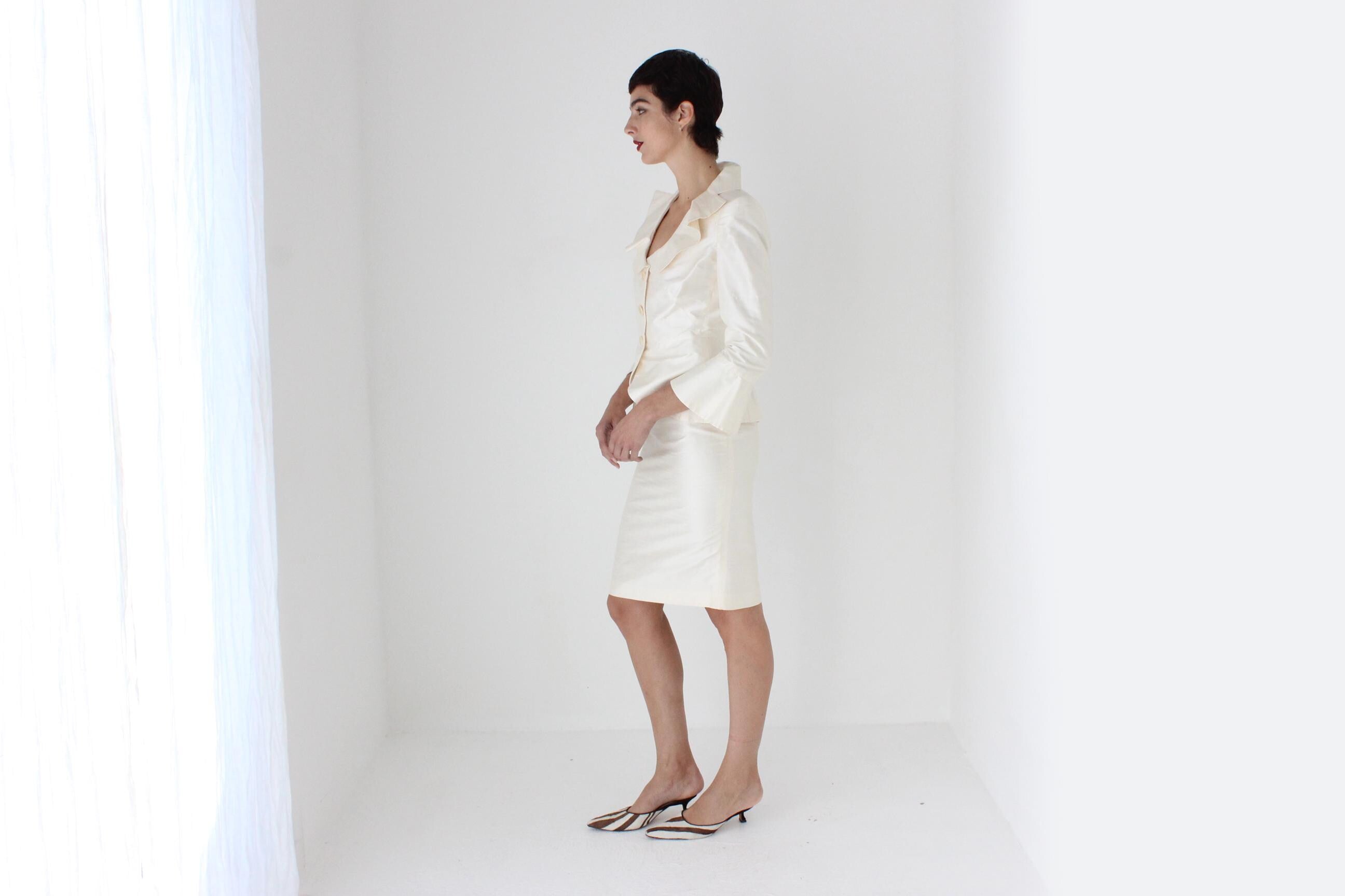 2000s Armani Collezioni Ivory Raw Silk Two Piece Ruffle Collar Skirt Suit
