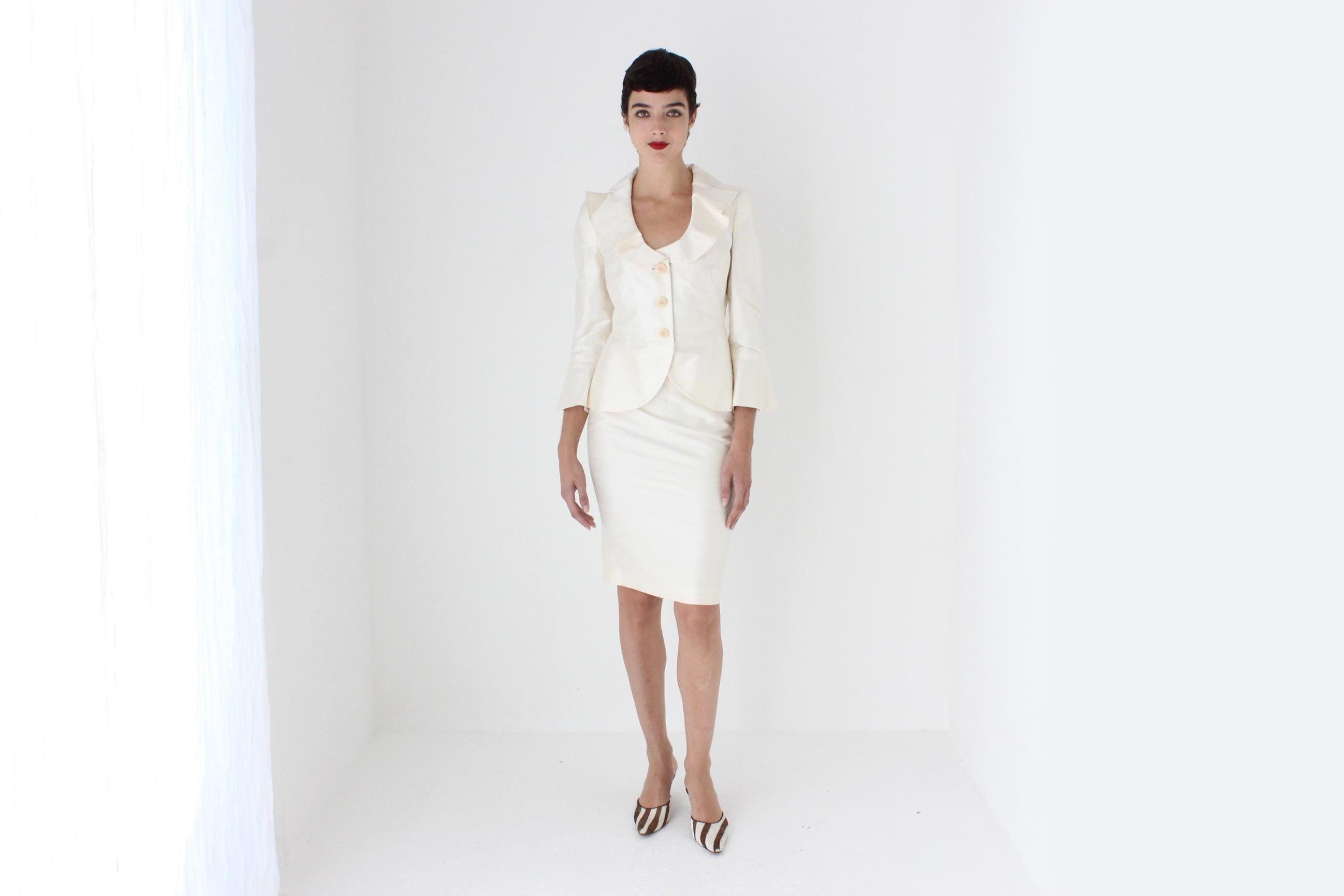 2000s Armani Collezioni Ivory Raw Silk Two Piece Ruffle Collar Skirt Suit