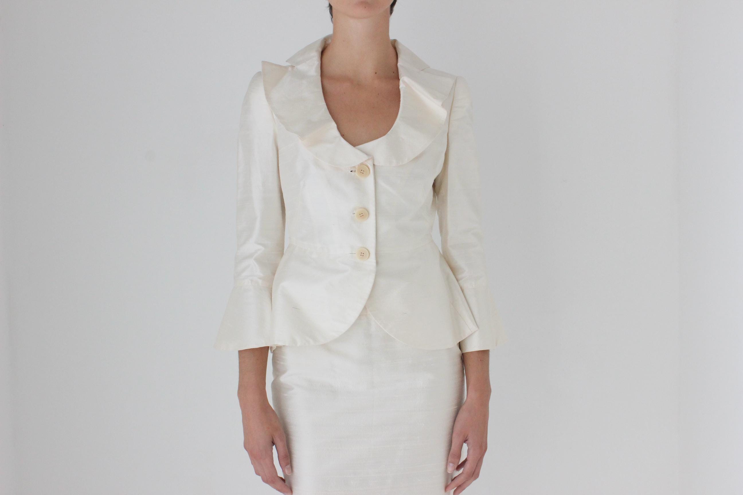 2000s Armani Collezioni Ivory Raw Silk Two Piece Ruffle Collar Skirt Suit