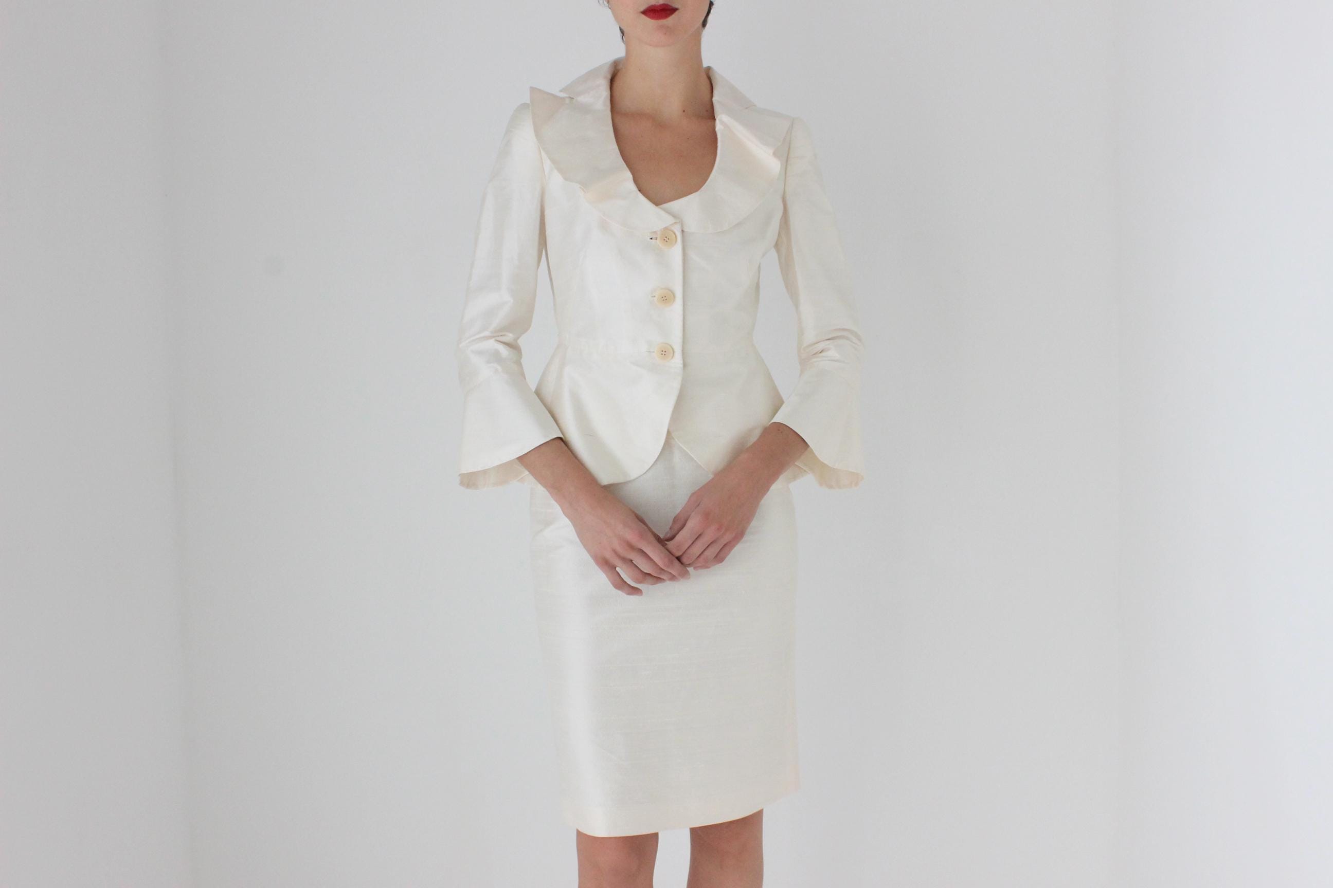 2000s Armani Collezioni Ivory Raw Silk Two Piece Ruffle Collar Skirt Suit