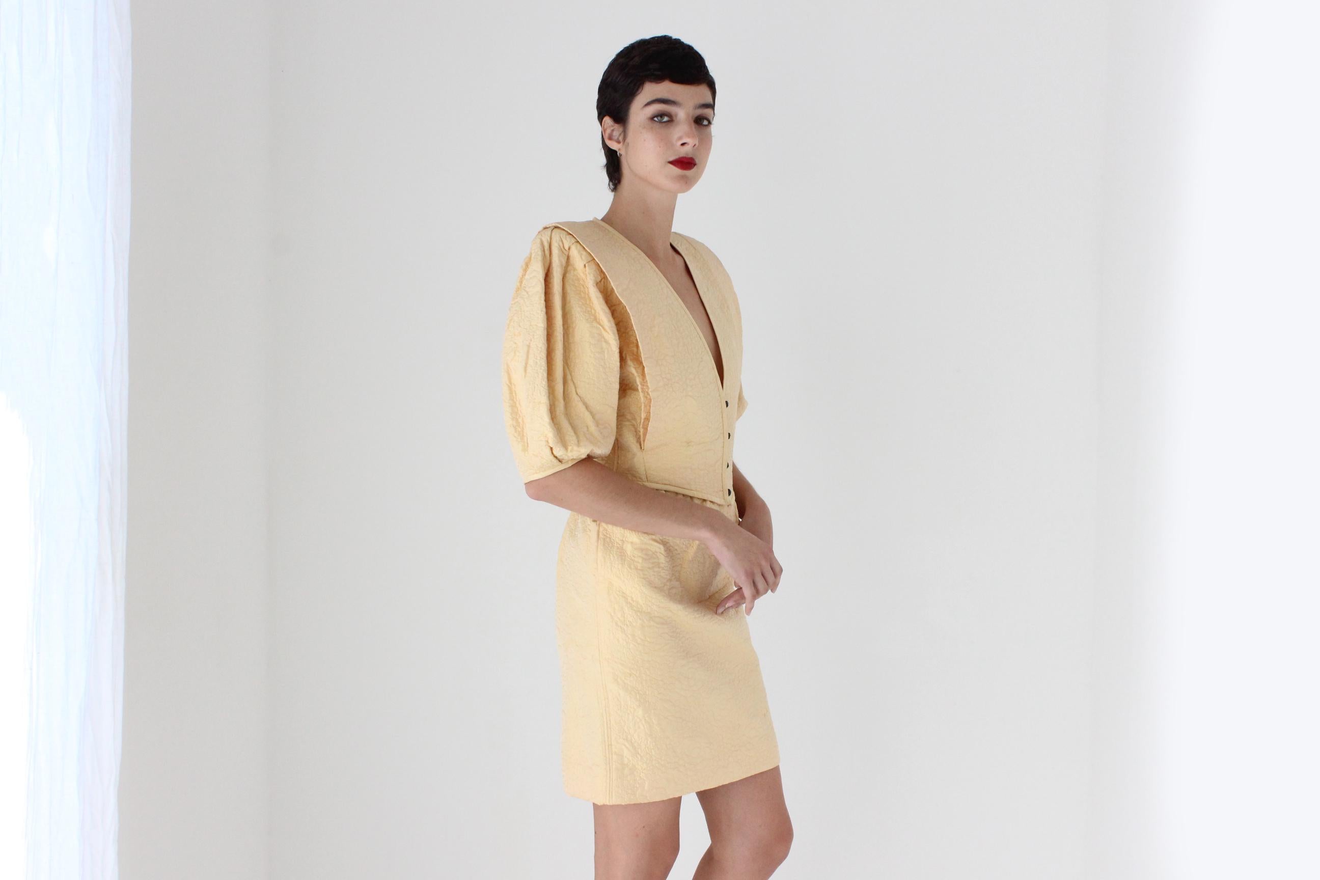 80s Emanuel Ungaro Quilted Silk Two Piece Skirt & Puff Top Set