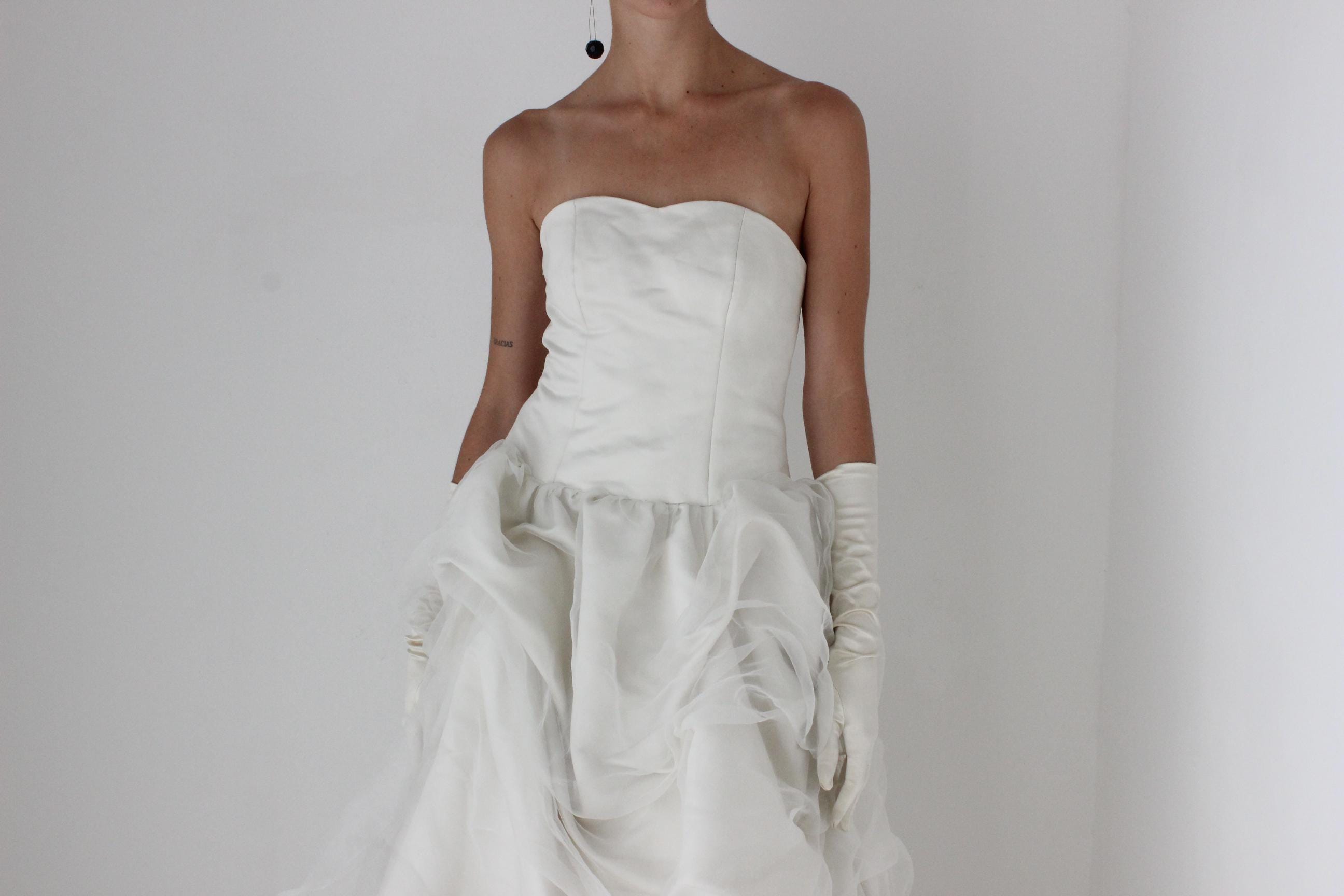 90s Off White Strapless Gown w/ Textural Organza Skirt