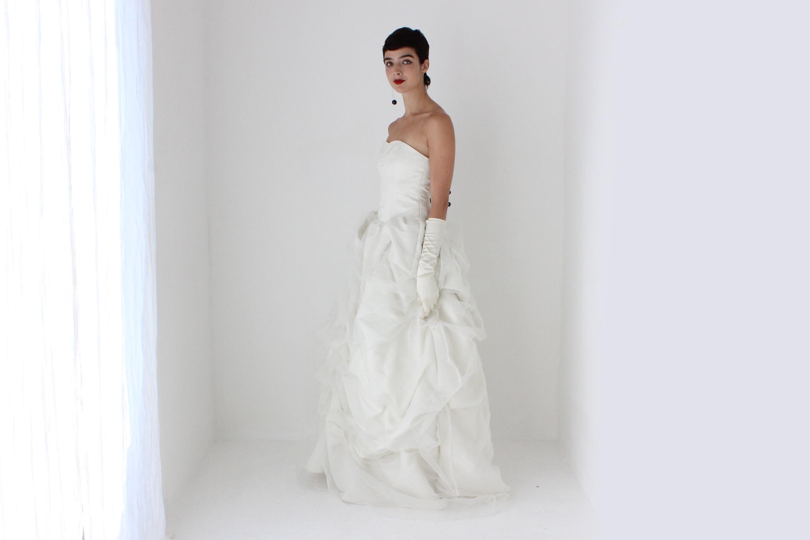 90s Off White Strapless Gown w/ Textural Organza Skirt