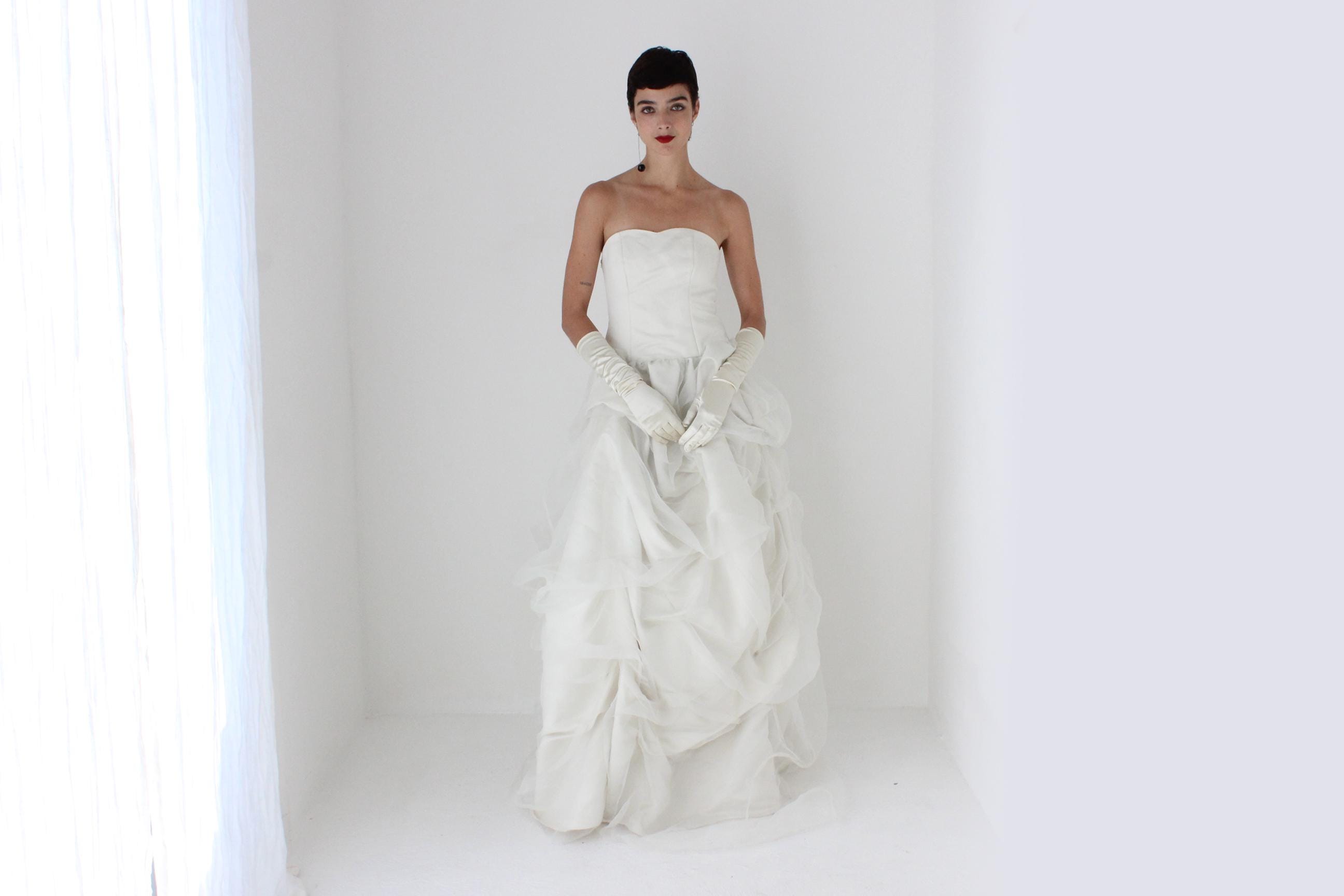 90s Off White Strapless Gown w/ Textural Organza Skirt