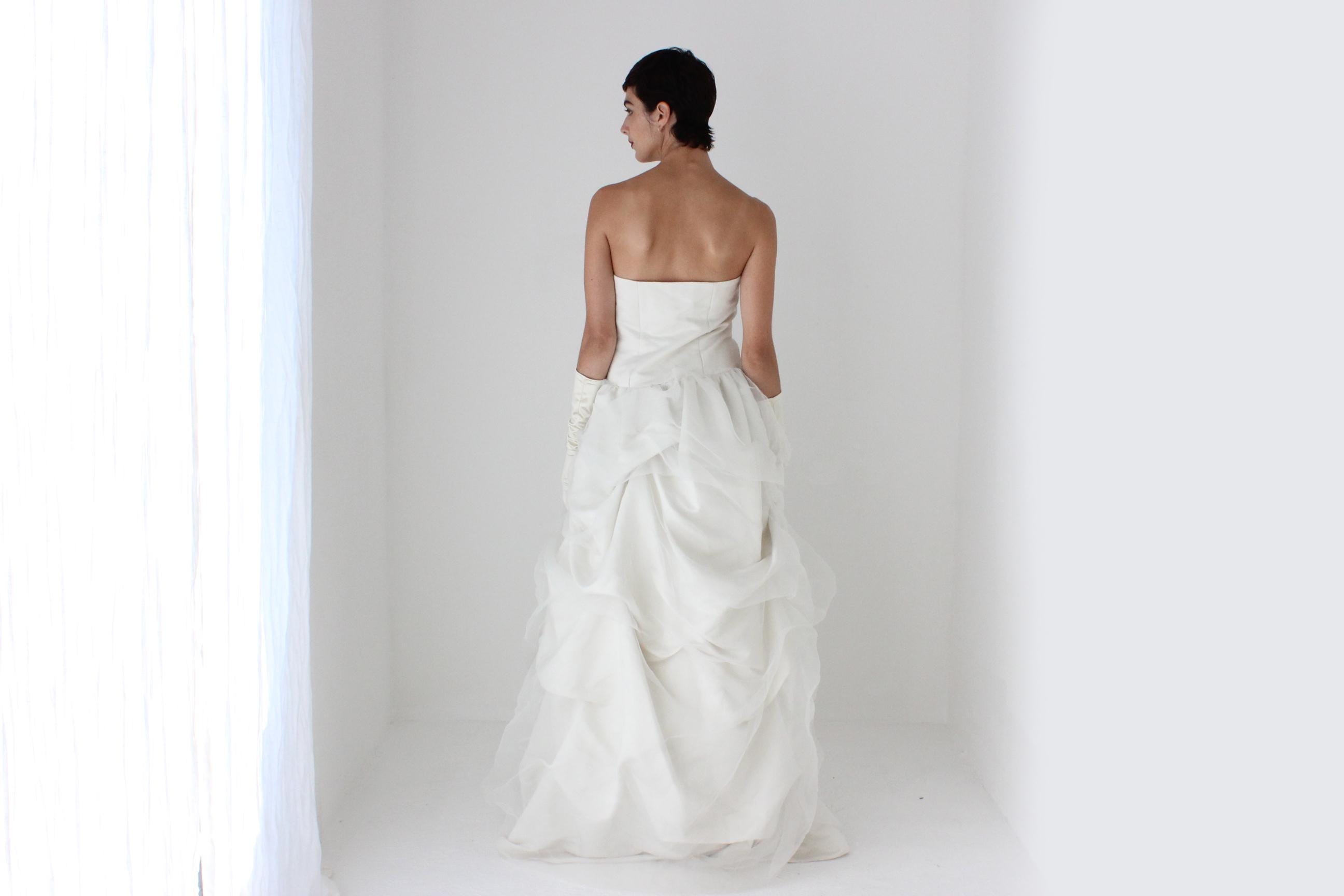 90s Off White Strapless Gown w/ Textural Organza Skirt