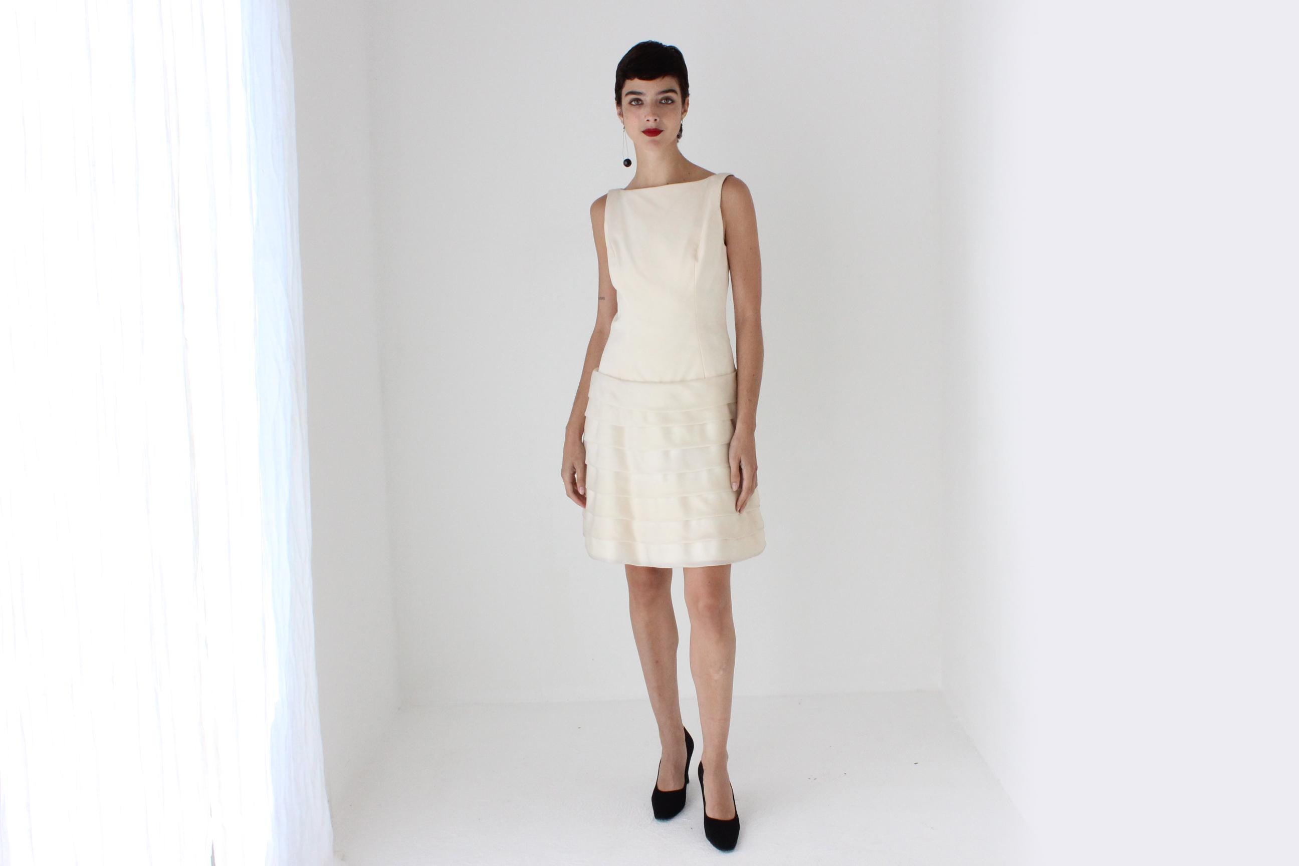 90s Elegant Silk High Neck Drop Waist A Line Dress w/ Tiered Organza Skirt