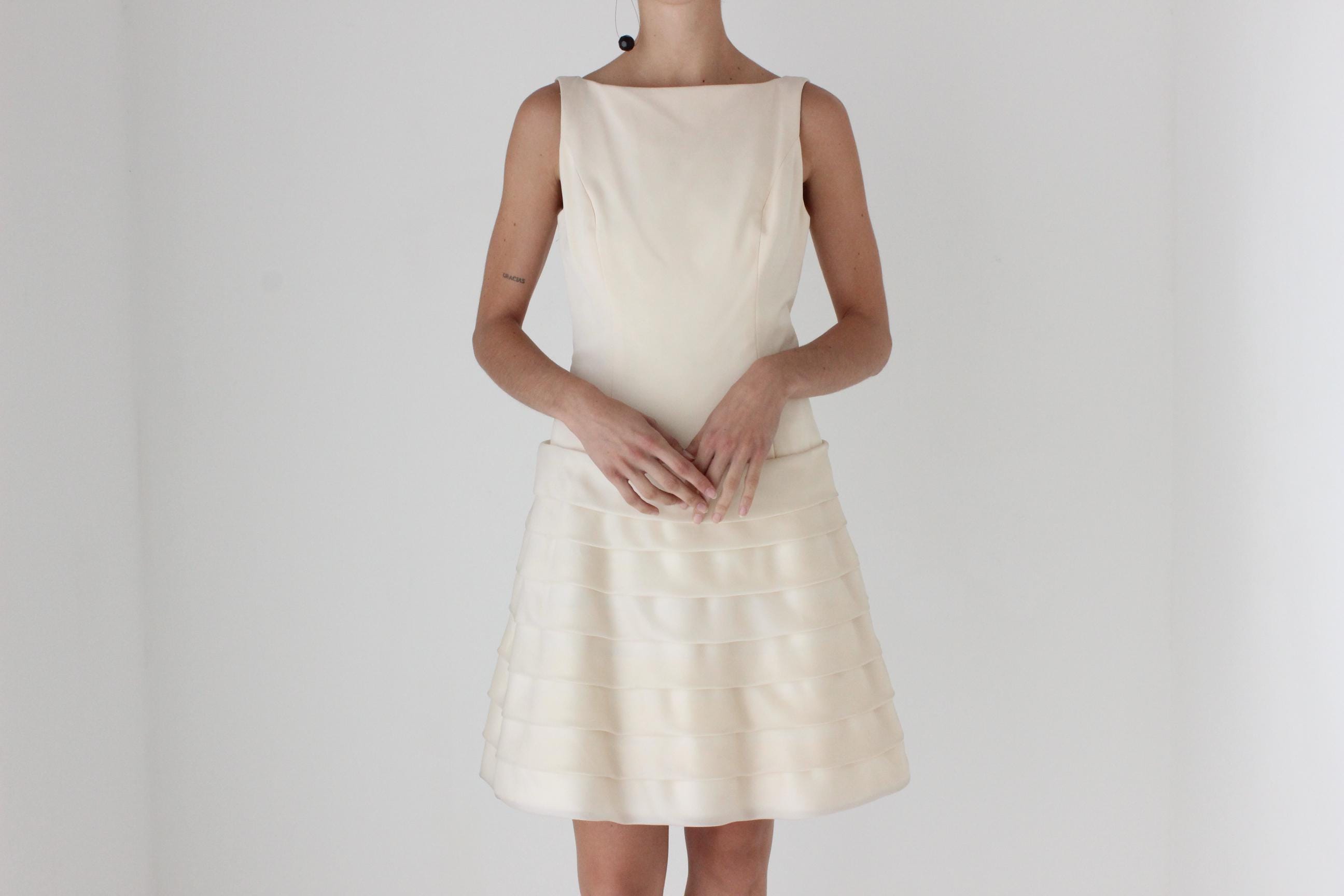 90s Elegant Silk High Neck Drop Waist A Line Dress w/ Tiered Organza Skirt