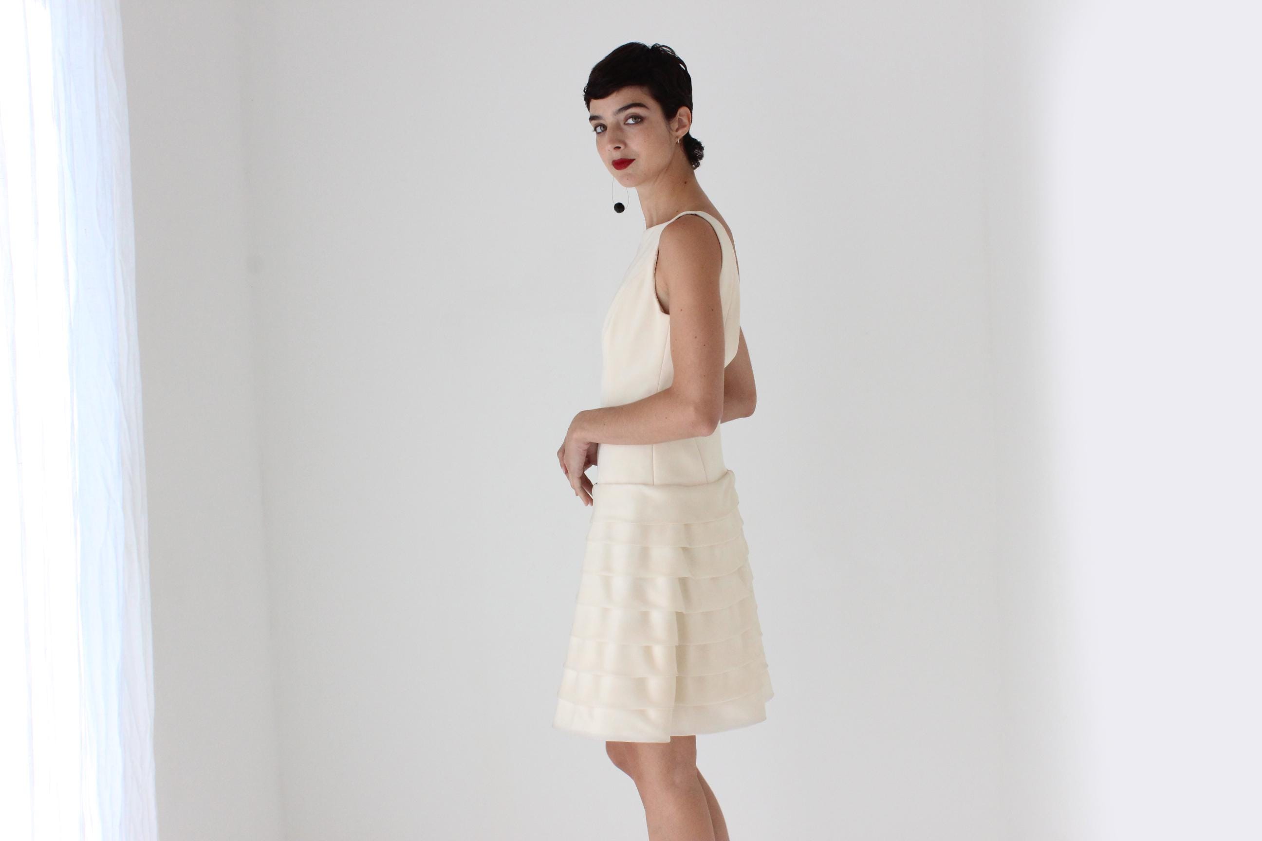 90s Elegant Silk High Neck Drop Waist A Line Dress w/ Tiered Organza Skirt