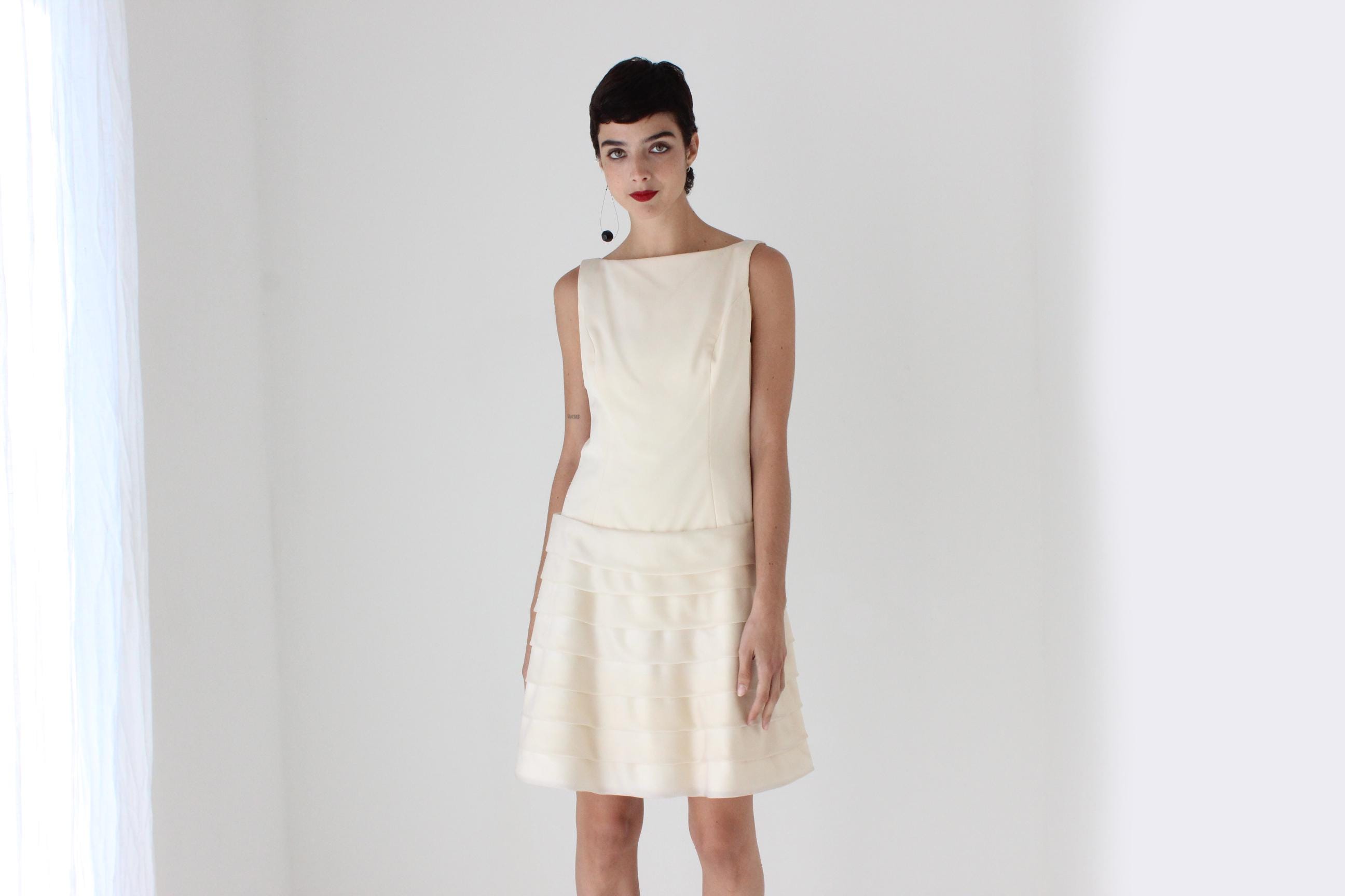 90s Elegant Silk High Neck Drop Waist A Line Dress w/ Tiered Organza Skirt