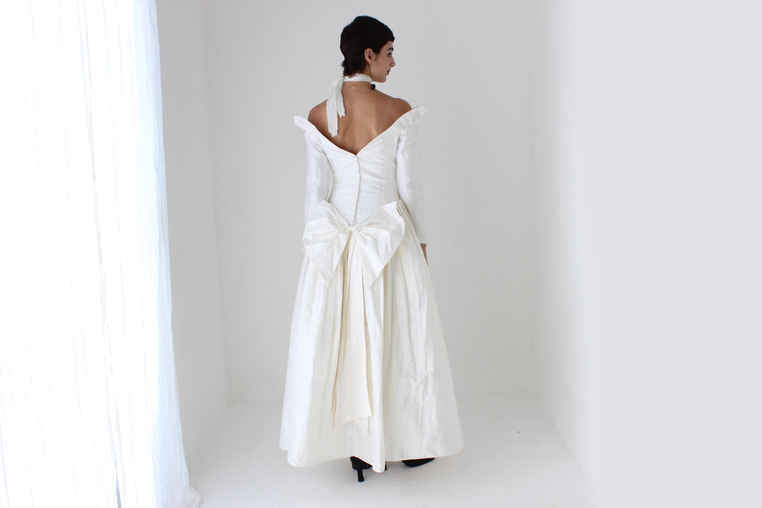 80s Silk Dupion Basque Waist, Off Shoulder, Long Sleeve Wedding Gown