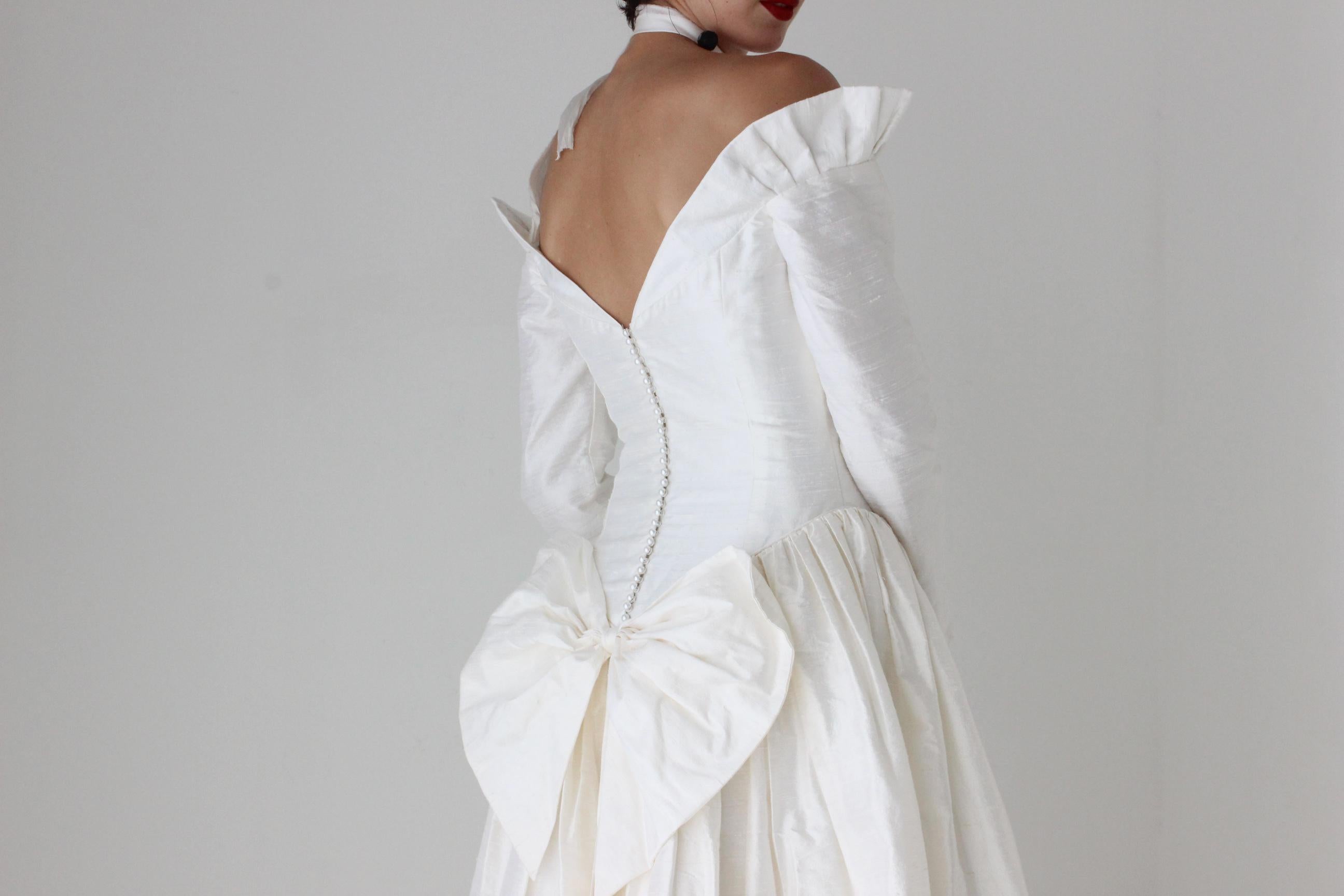 80s Silk Dupion Basque Waist, Off Shoulder, Long Sleeve Wedding Gown