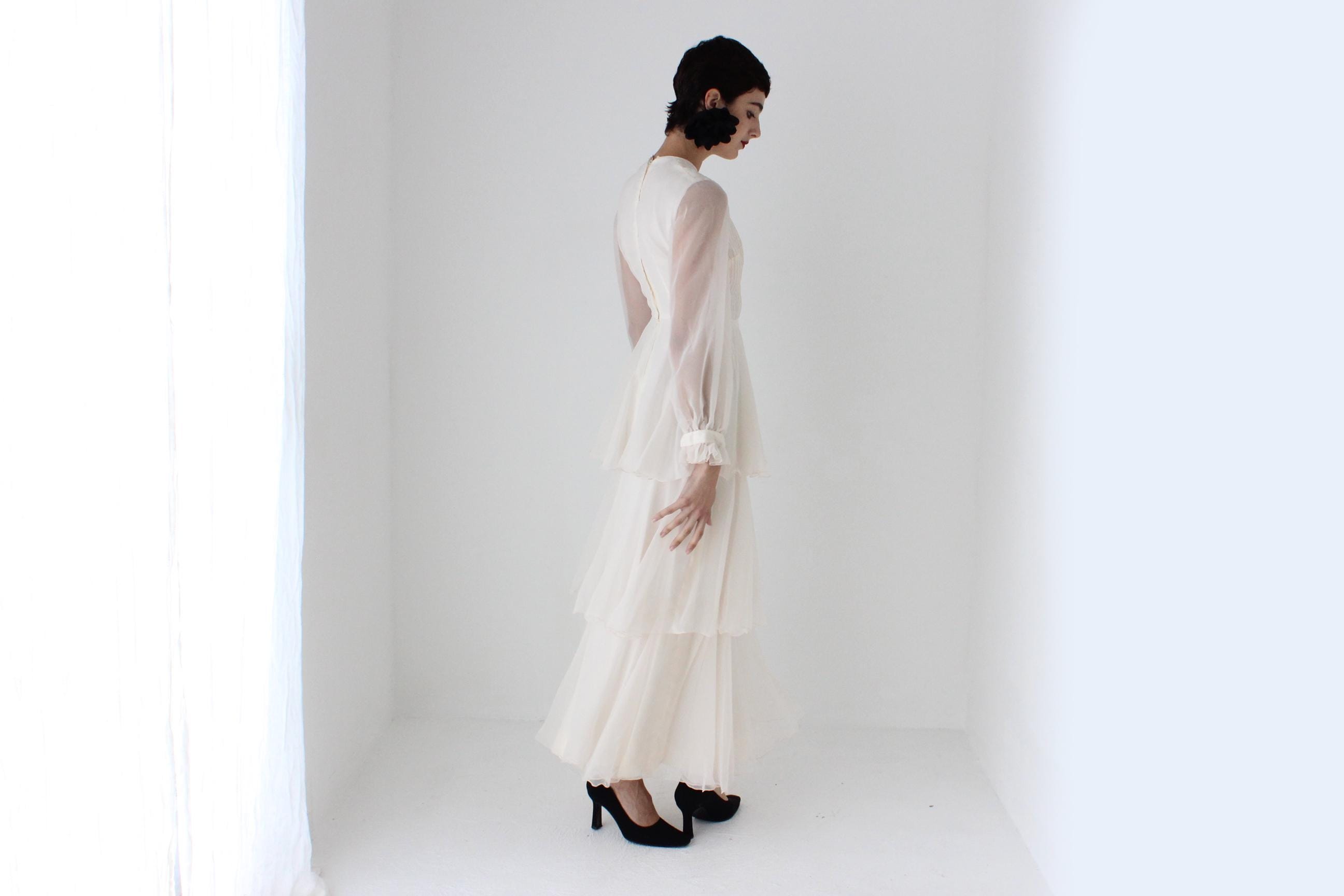 Romantic 70s Pastel Chiffon Tiered Ruffle Wedding Dress